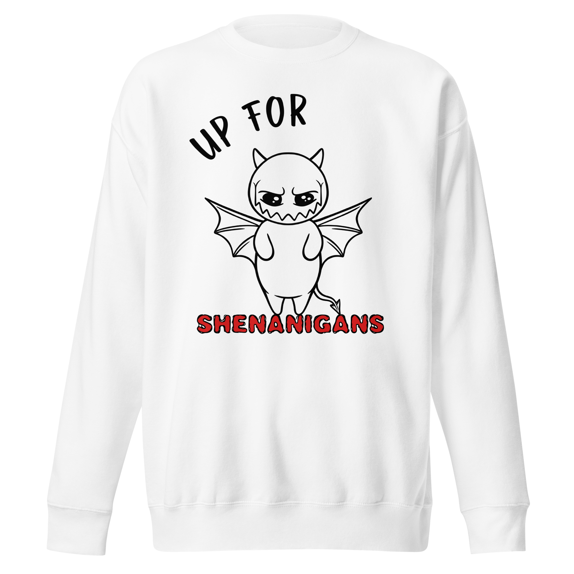 cartoon devil sketch on white sweatshirt