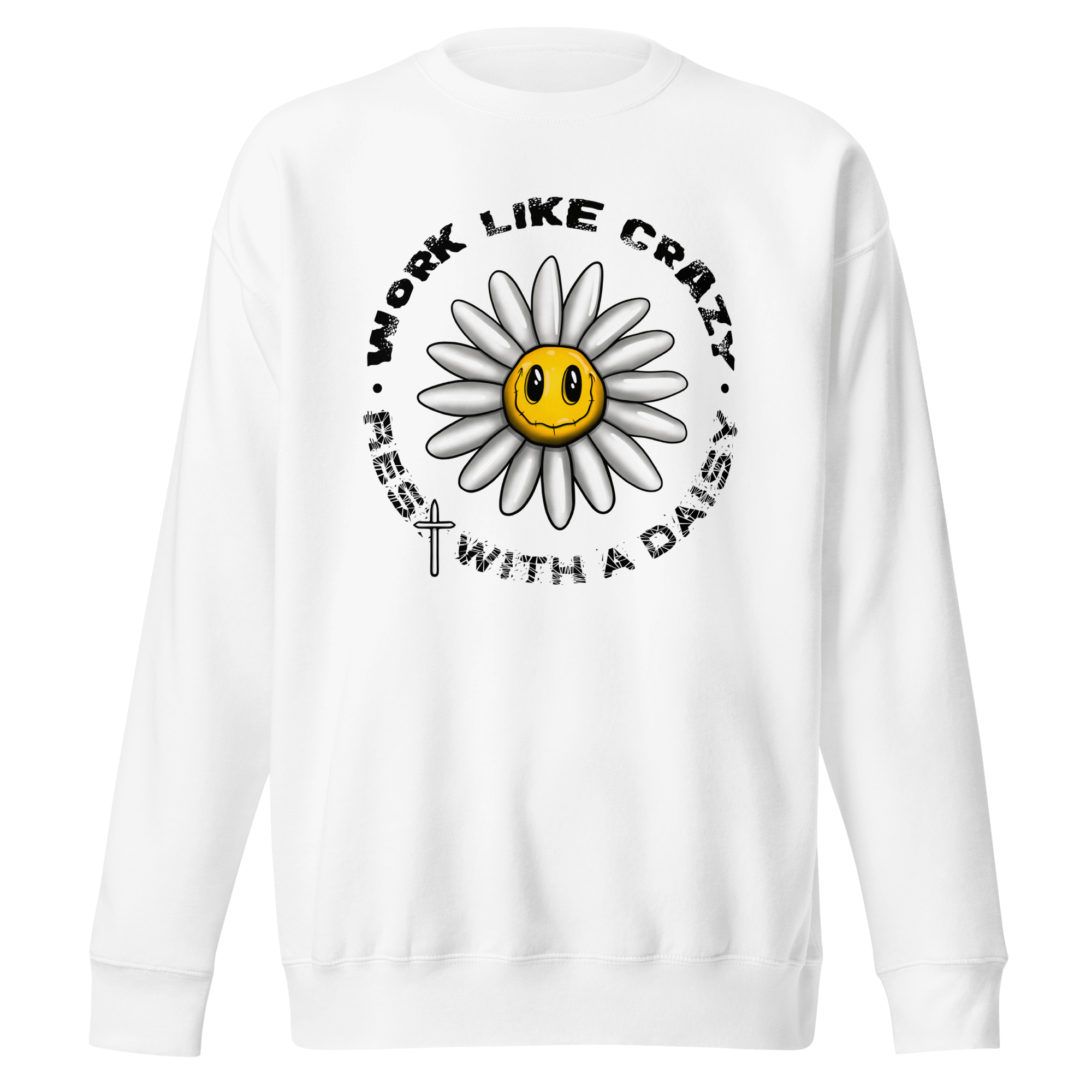 white sweater with funny cartoon daisy design