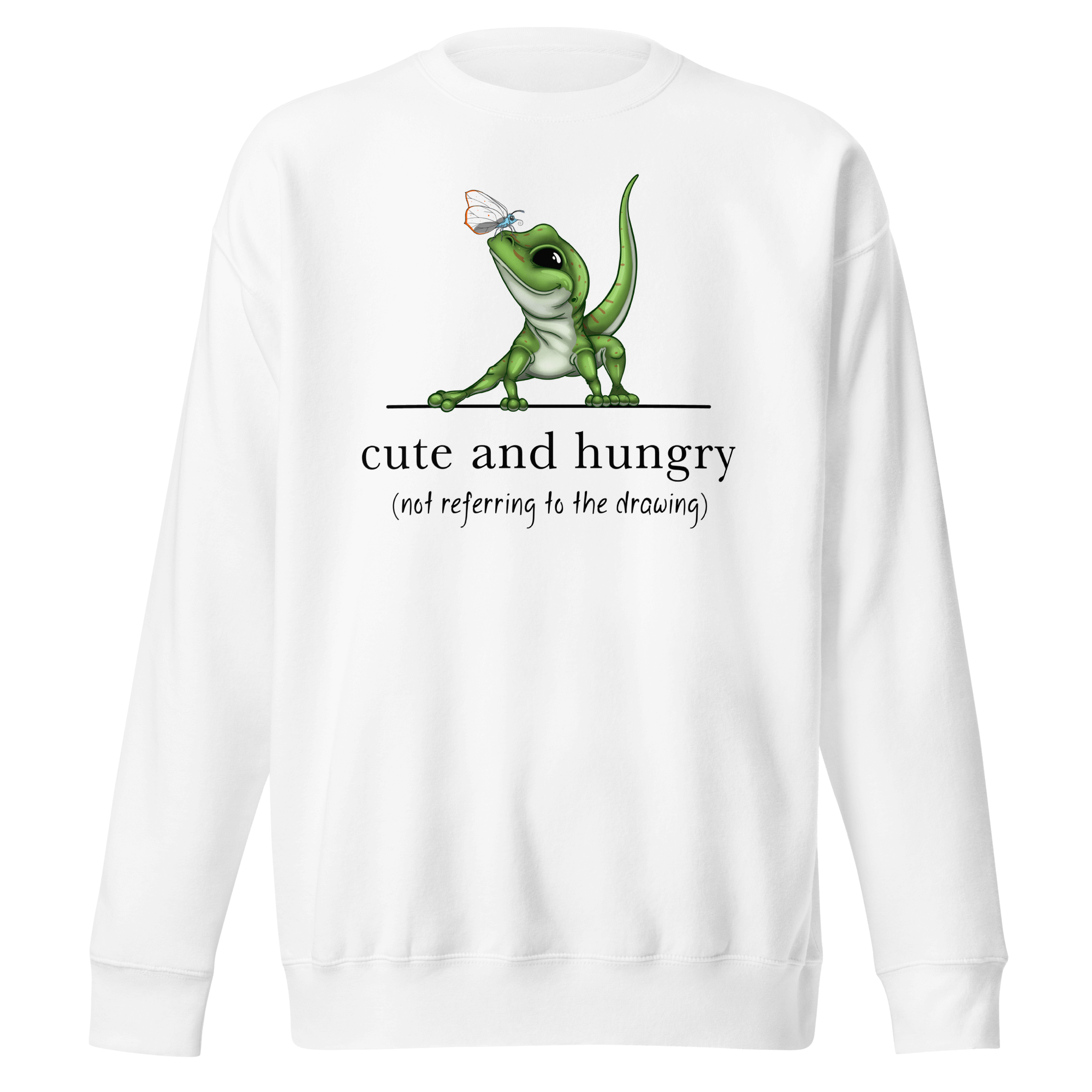 cute and hungry gecko on white sweatshirt