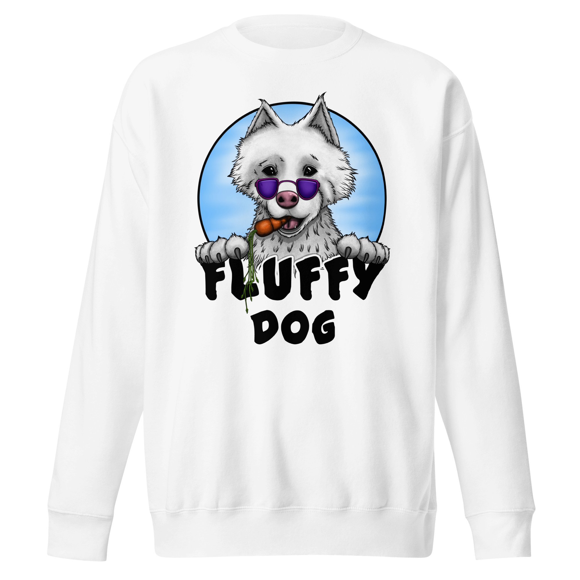 white sweatshirt with purple sunglasses on a white fluffy dog