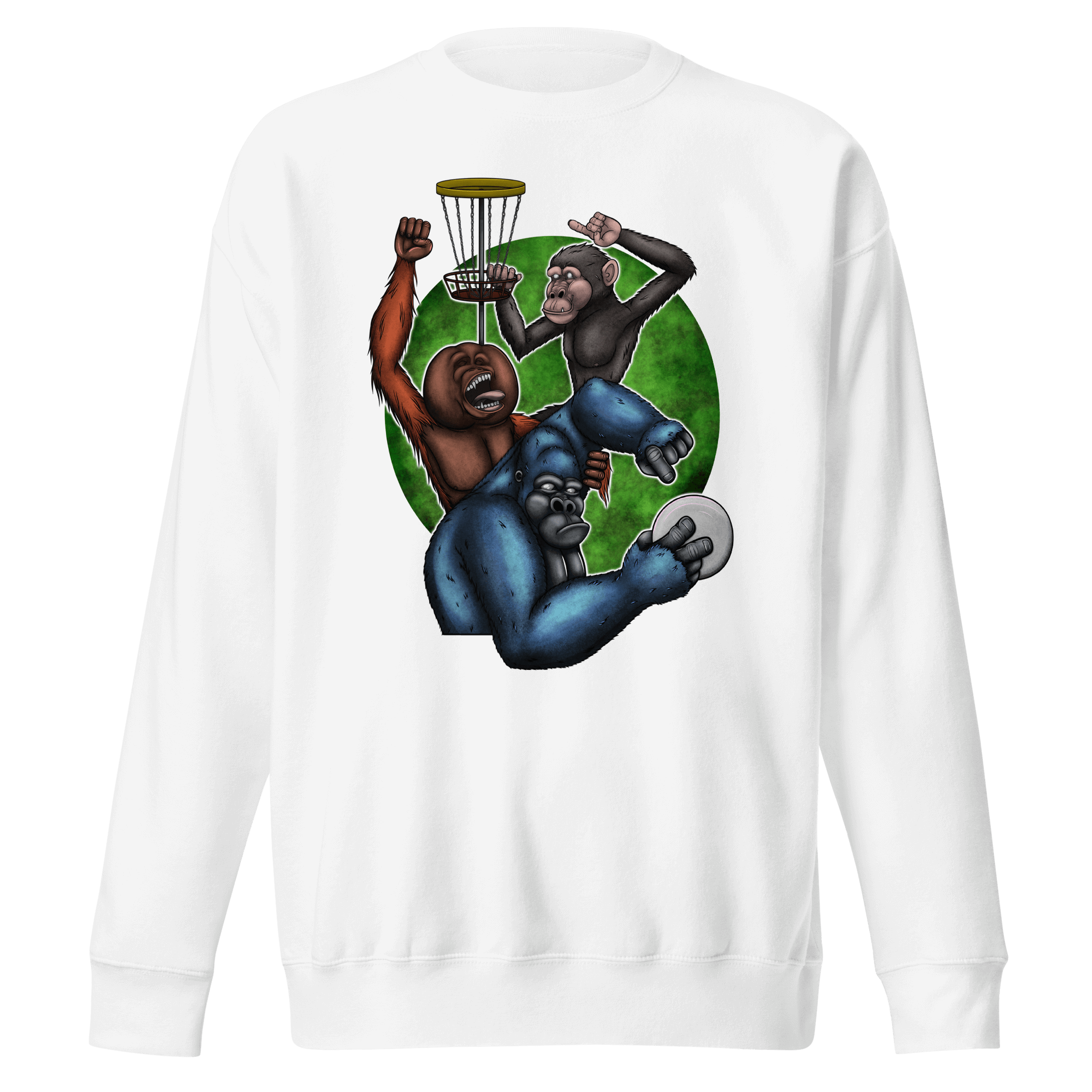 cool cartoon monkeys playing disc golf on white sweatshirt