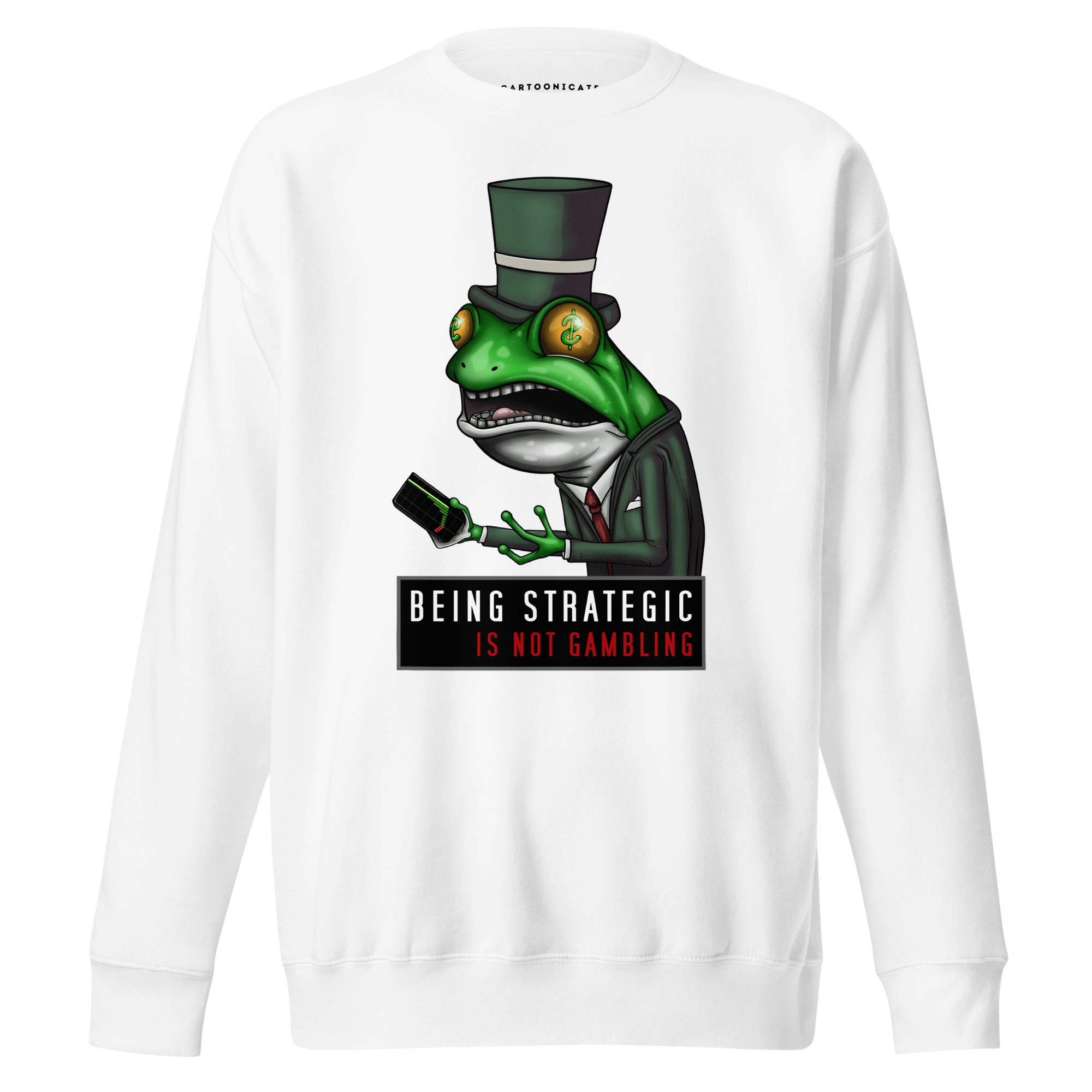 investor dapper frog cartoon on white sweatshirt