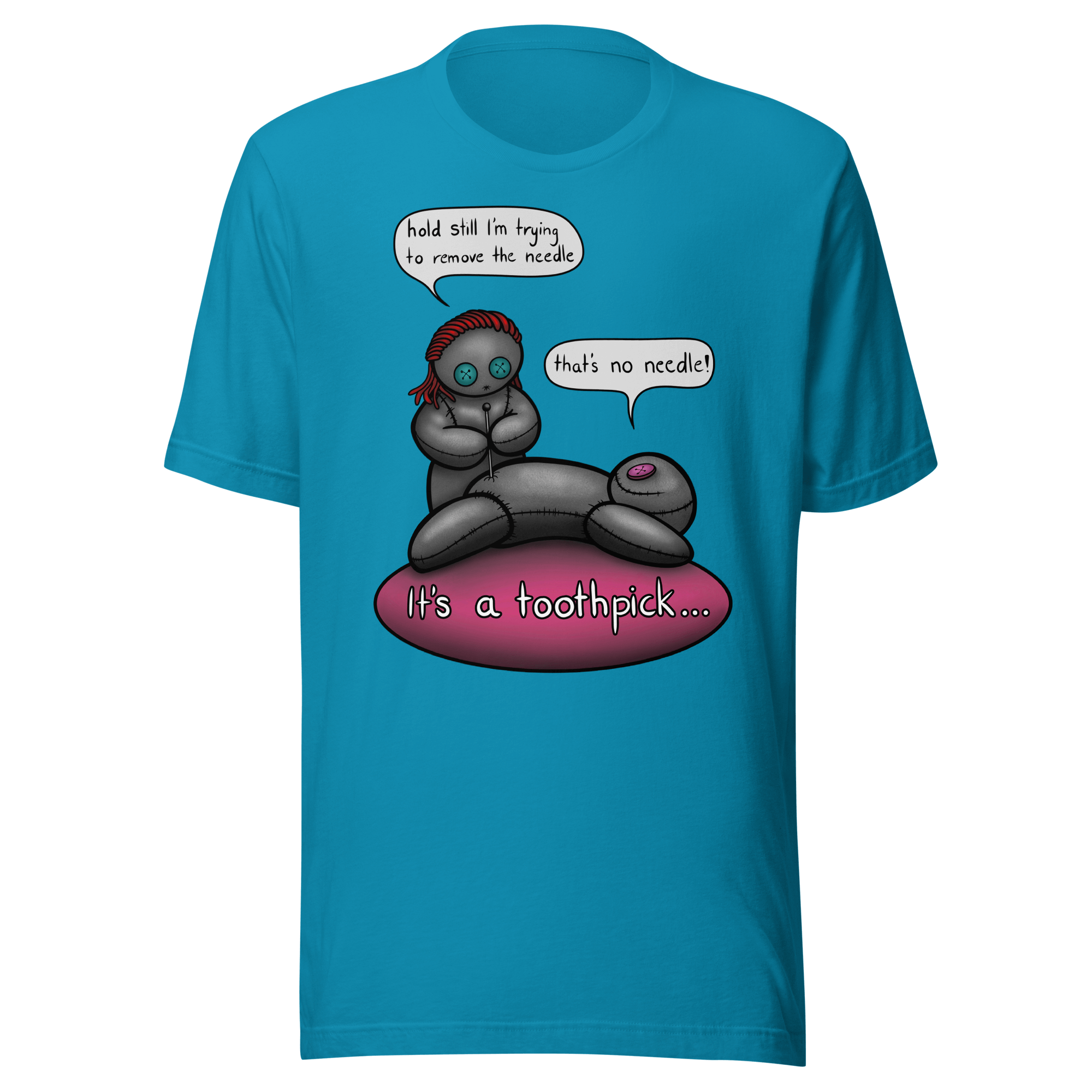 aqua blue t-shirt with cartoon voodoo doll drawing