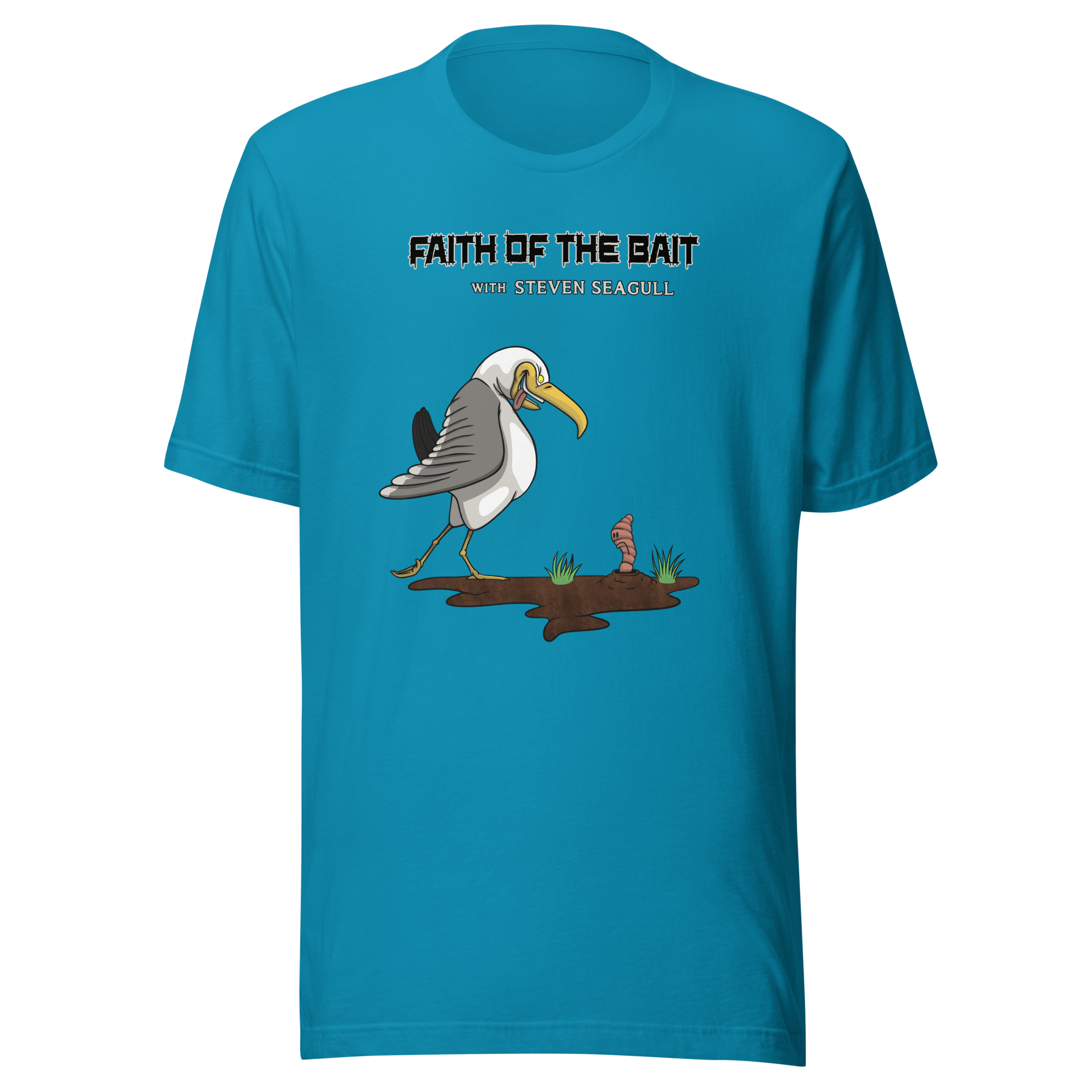 Funny cartoon seagull on blue t-shirt