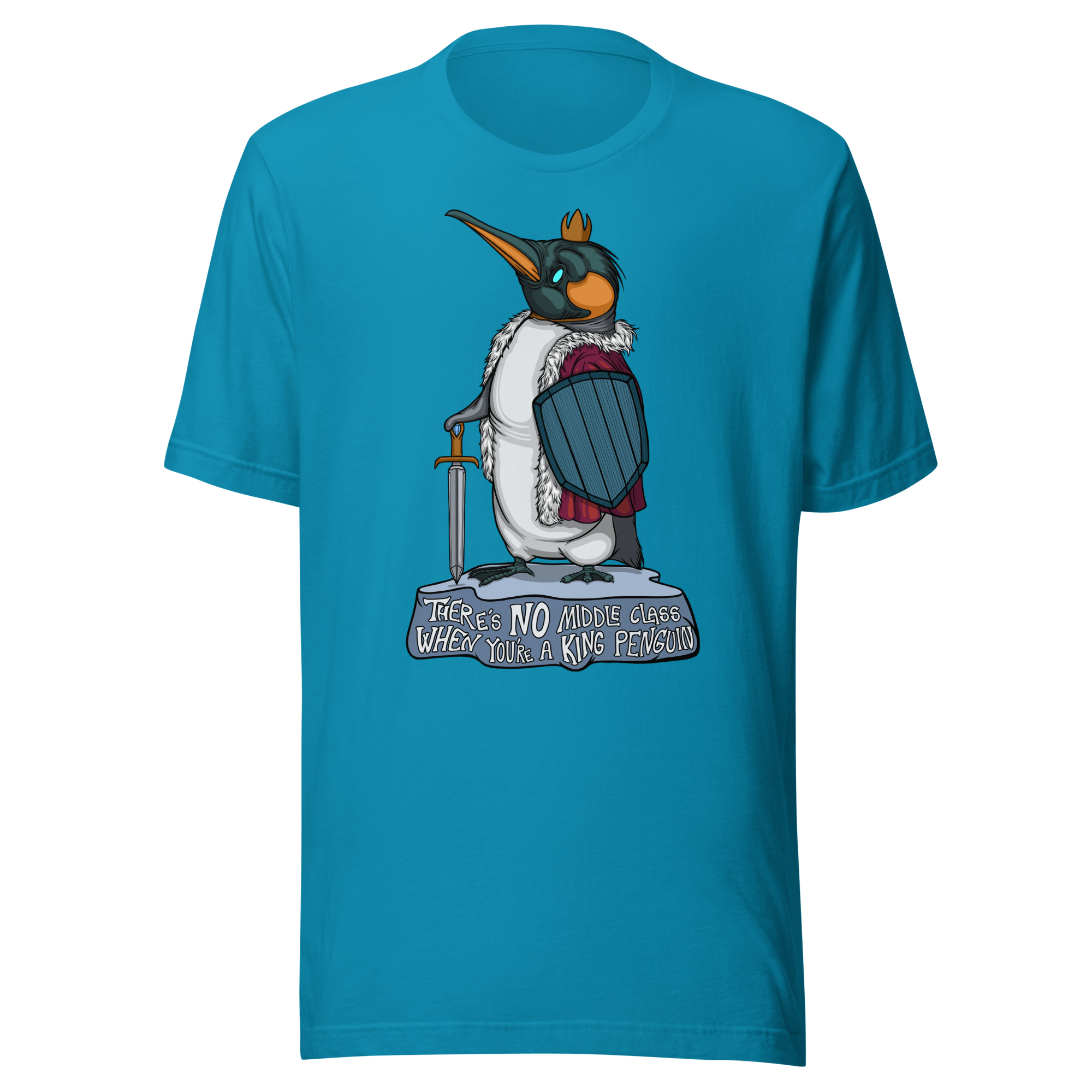 funny king penguin in cartoon style on aqua tee