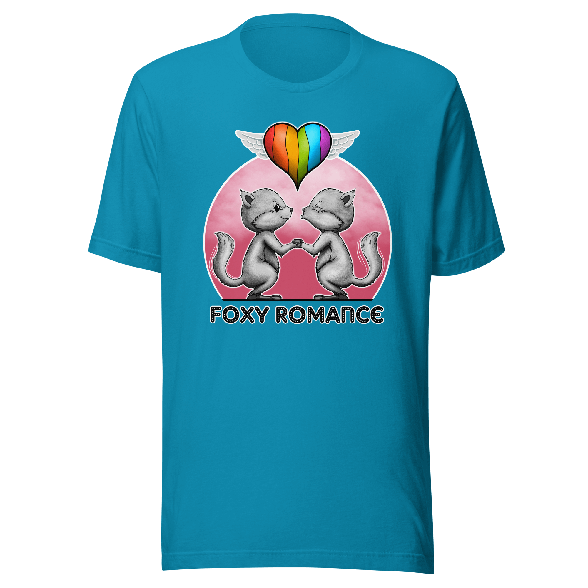 Foxy romance pride design on blue shirt