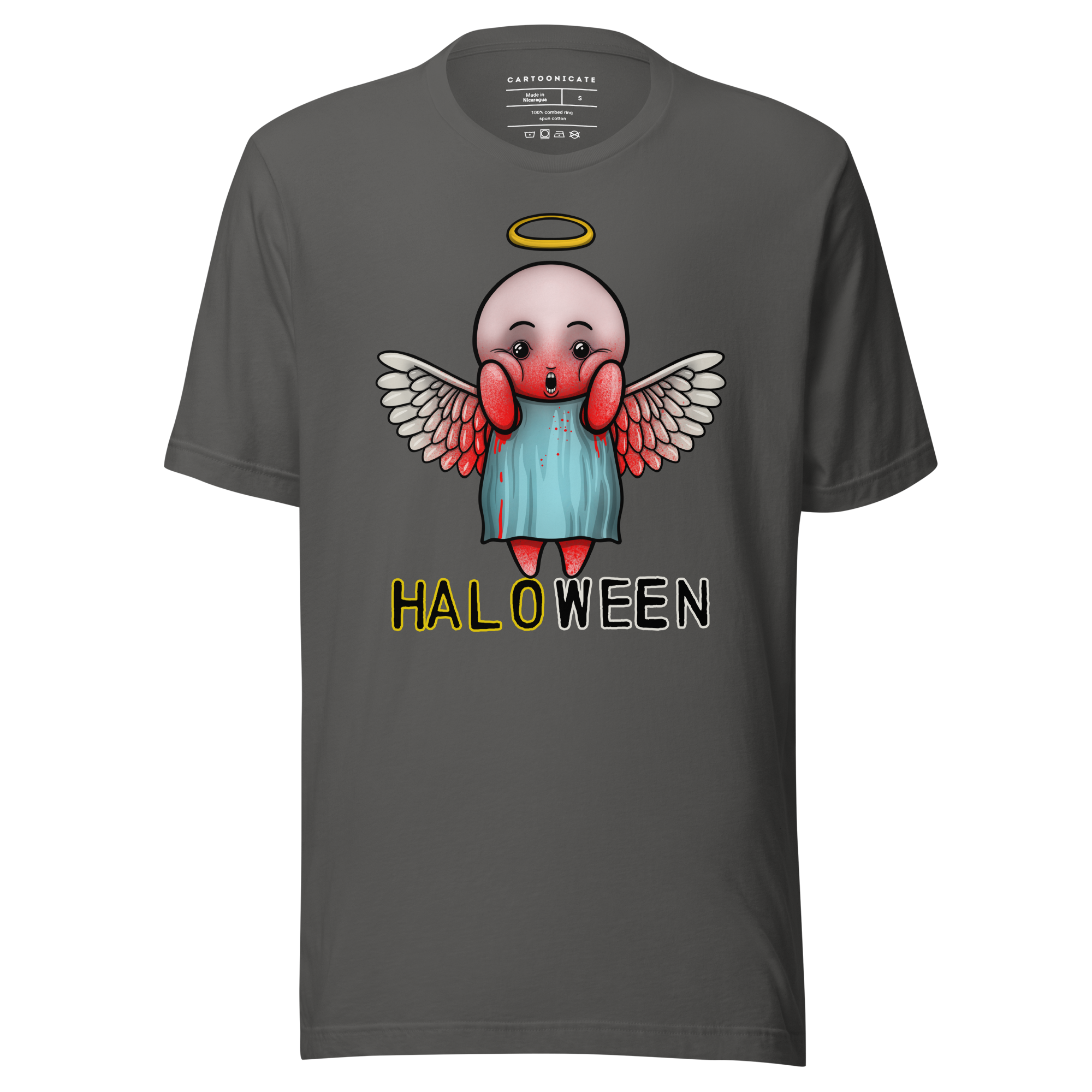 Halloween cartoon angel with halo on grey tee