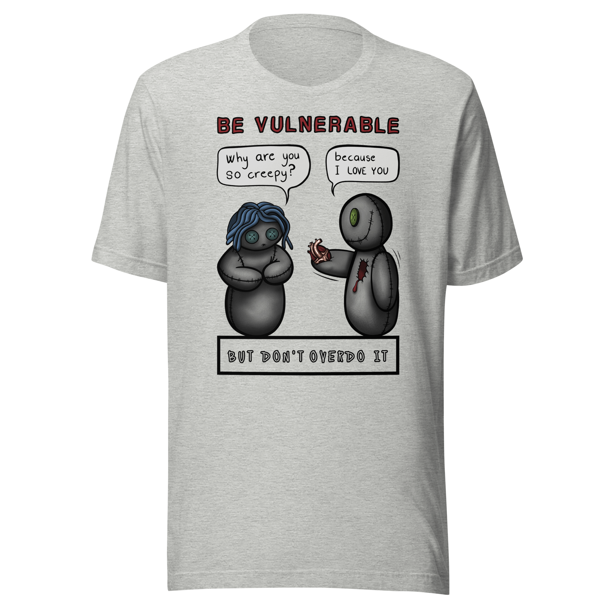 creepy voodoo doll with heart on grey tee