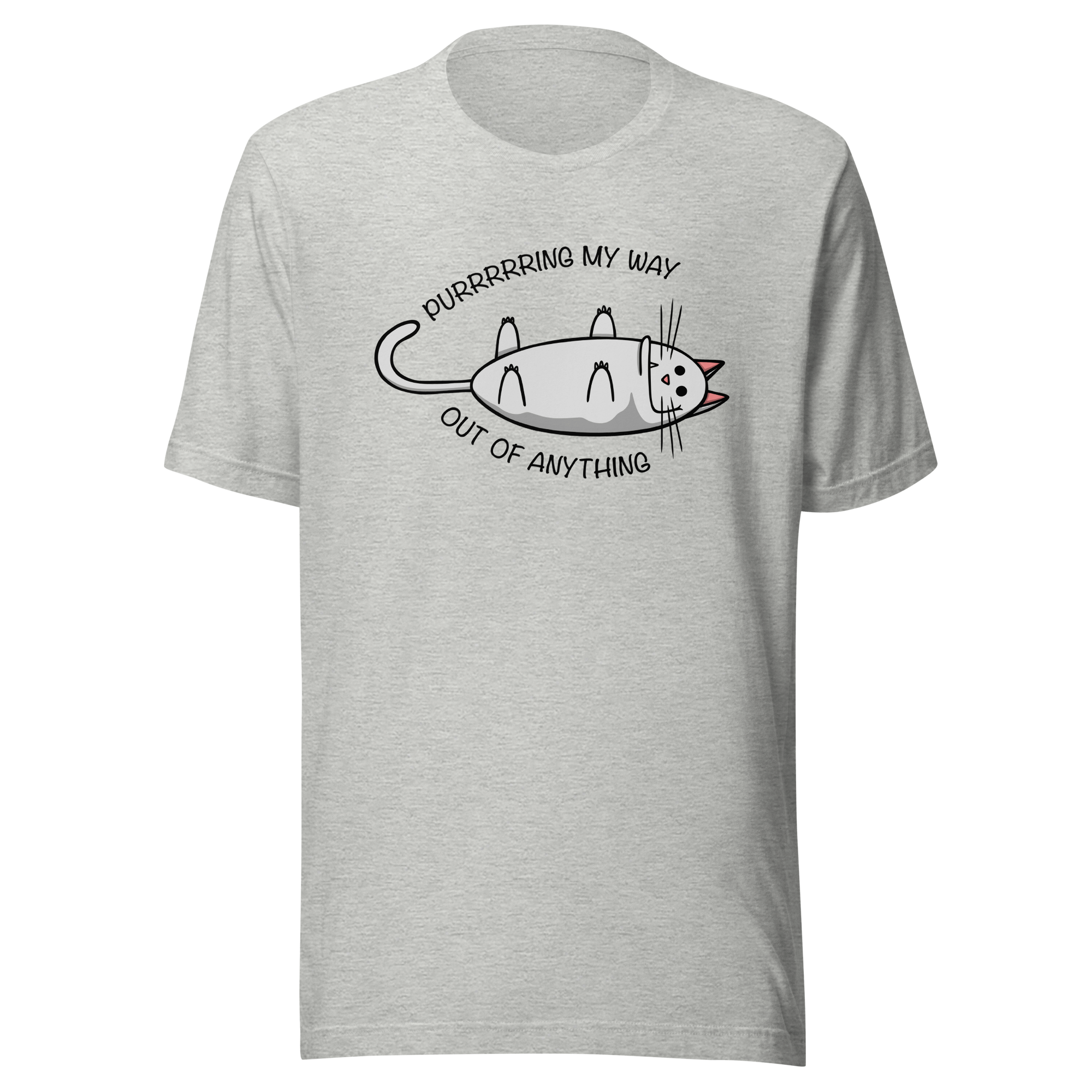 grey t-shirt with a cute cartoon cat purring