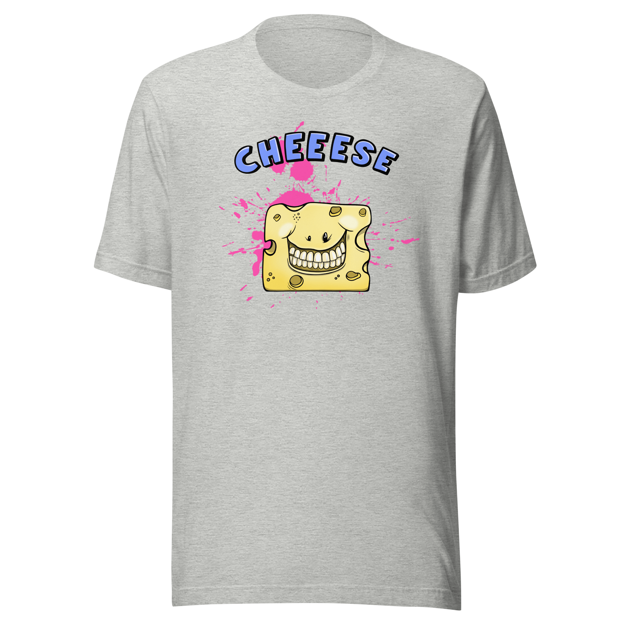 grey t-shirt with a happy cheese in cartoon style