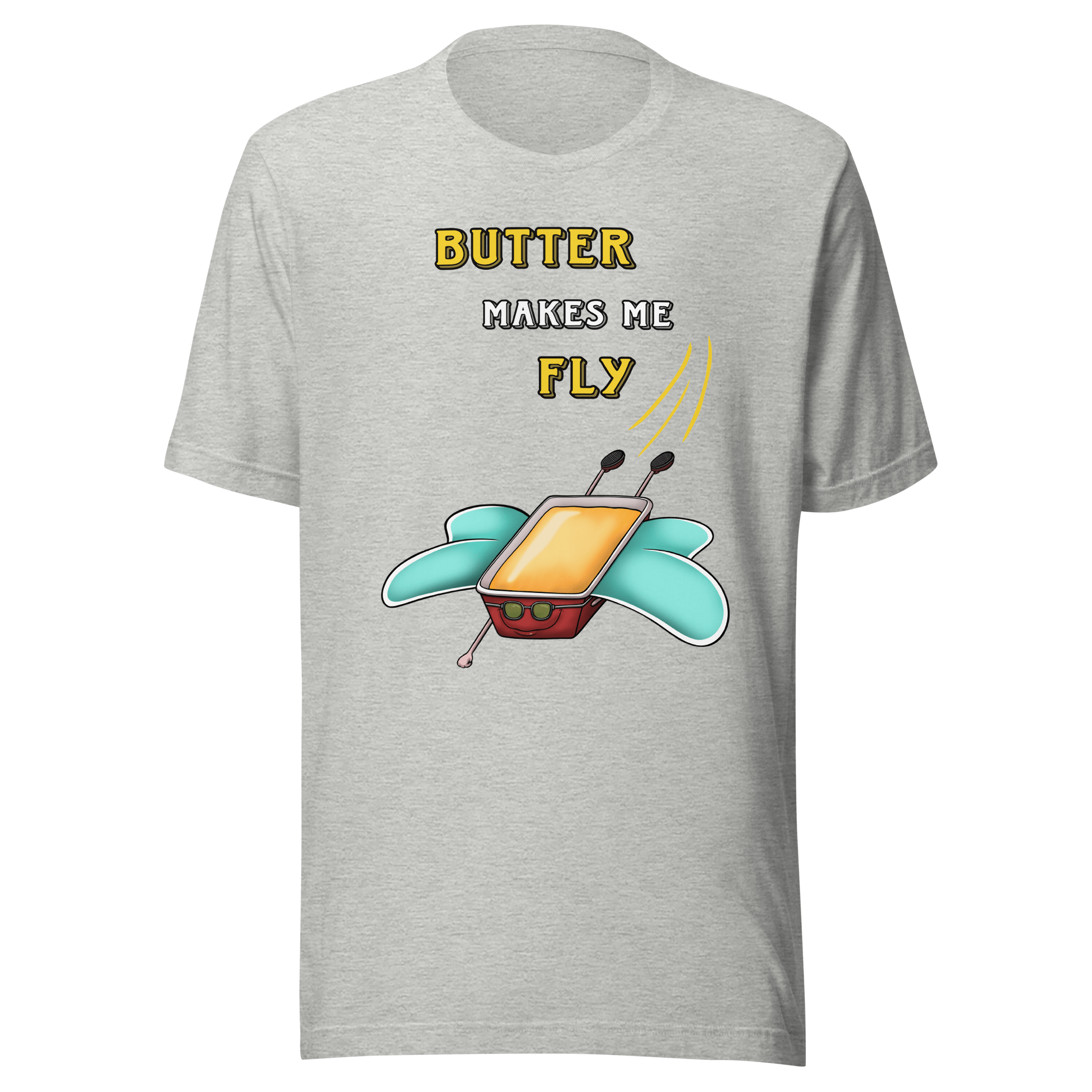 grey tee with funny drawing of butter flying with wings in cartoon style