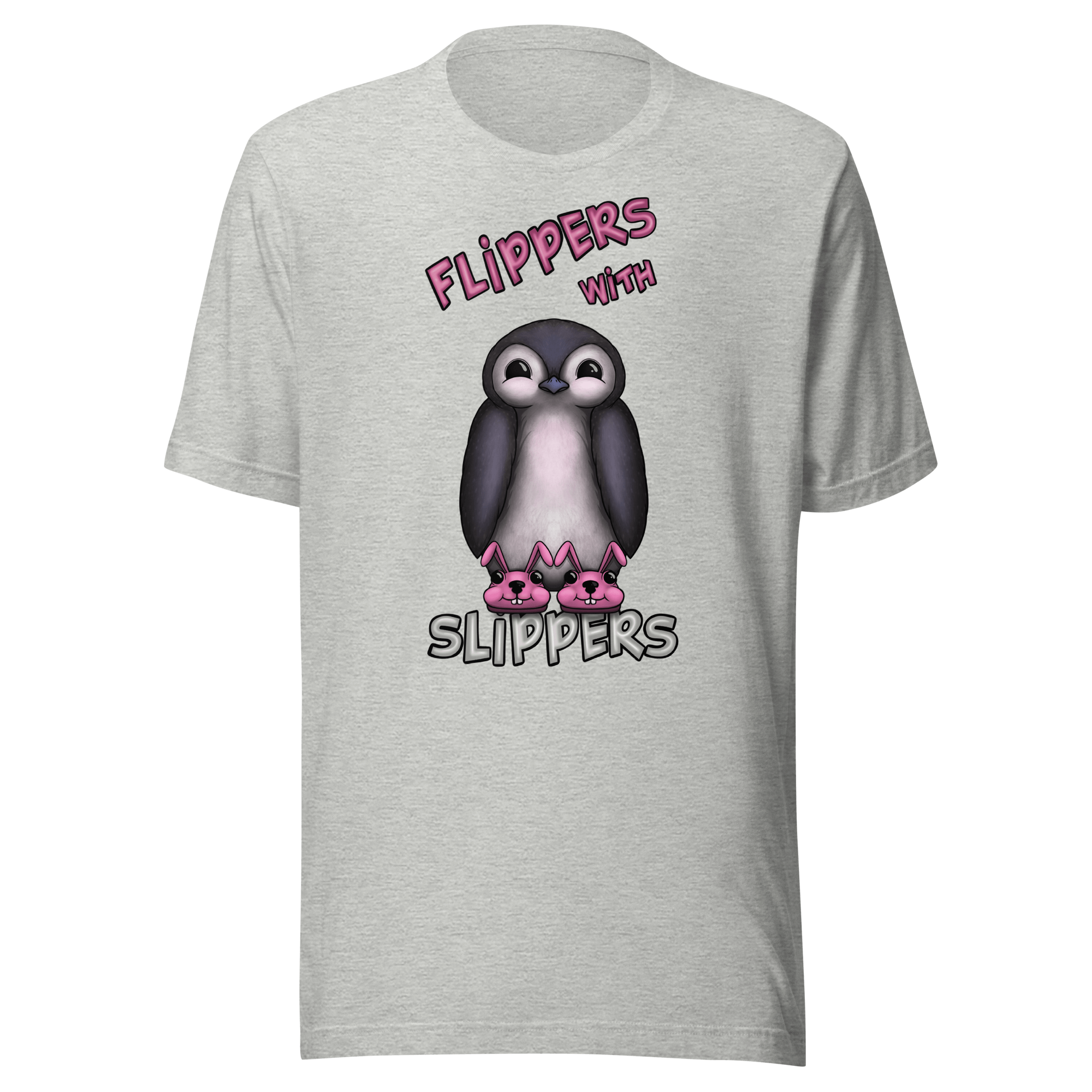 cute cartoon penguin with pink bunny slippers on grey tee