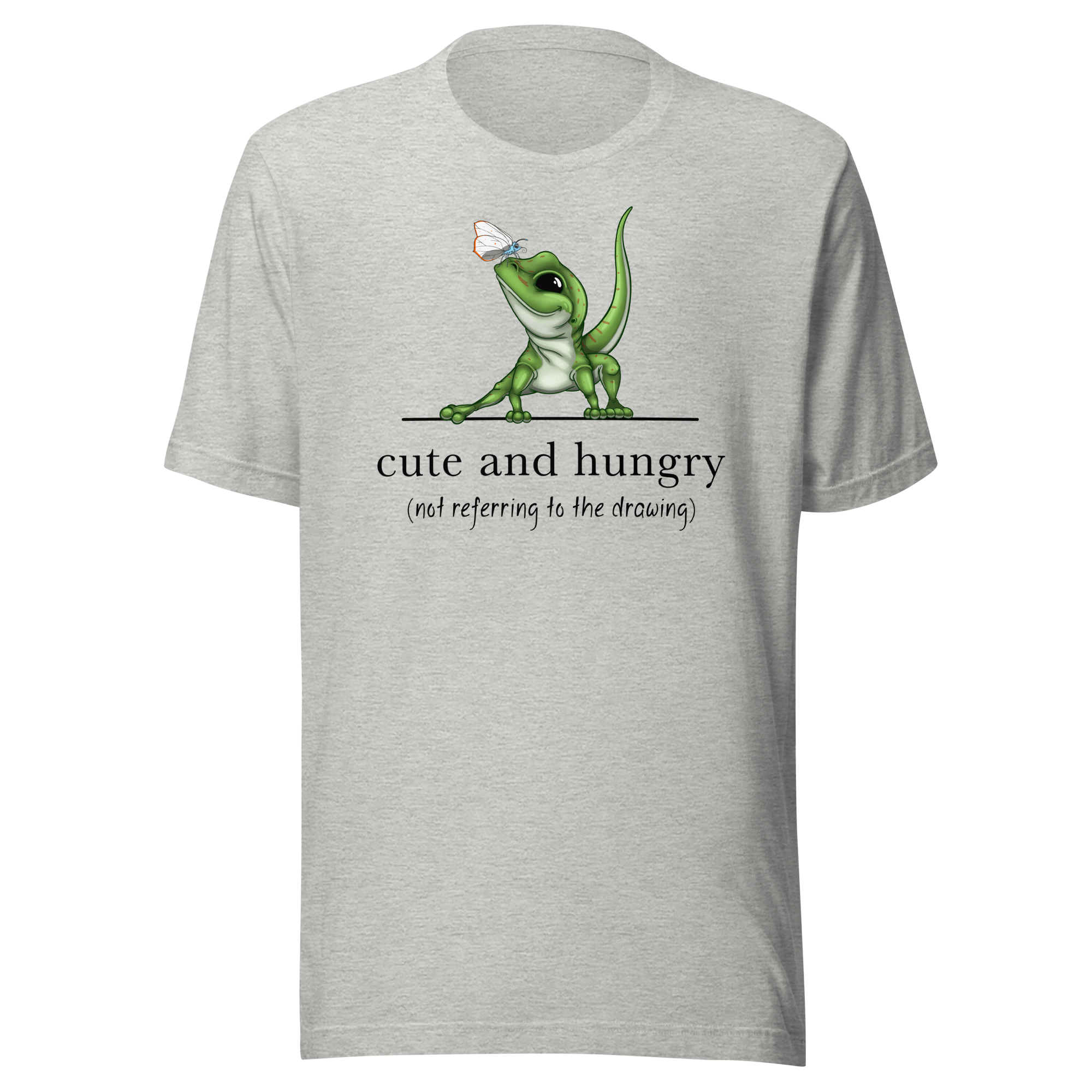 grey t-shirt with cartoon gecko lizard and butterfly