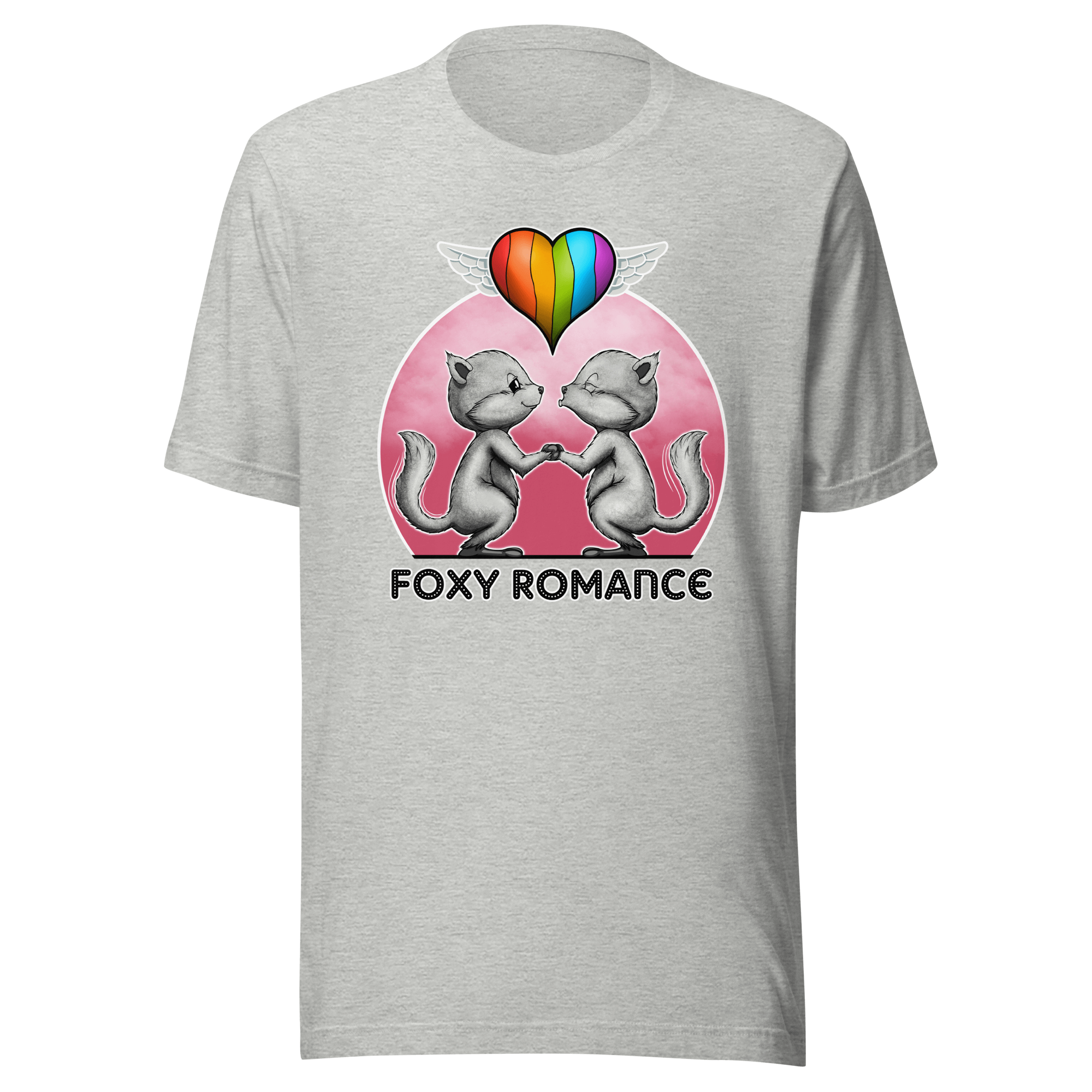 grey t-shirt with cute foxes and pride flag balloon