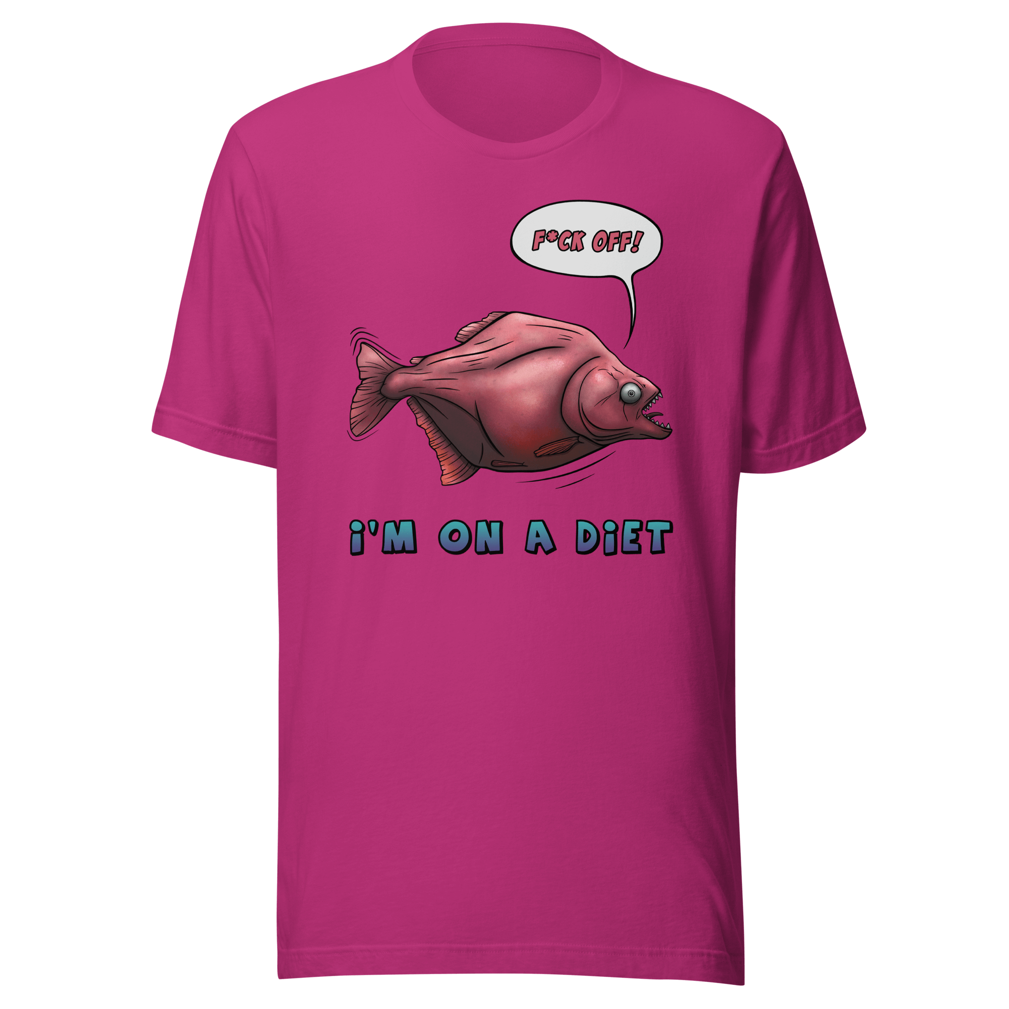 Hungry cartoon piranha on a diet pink t-shirt