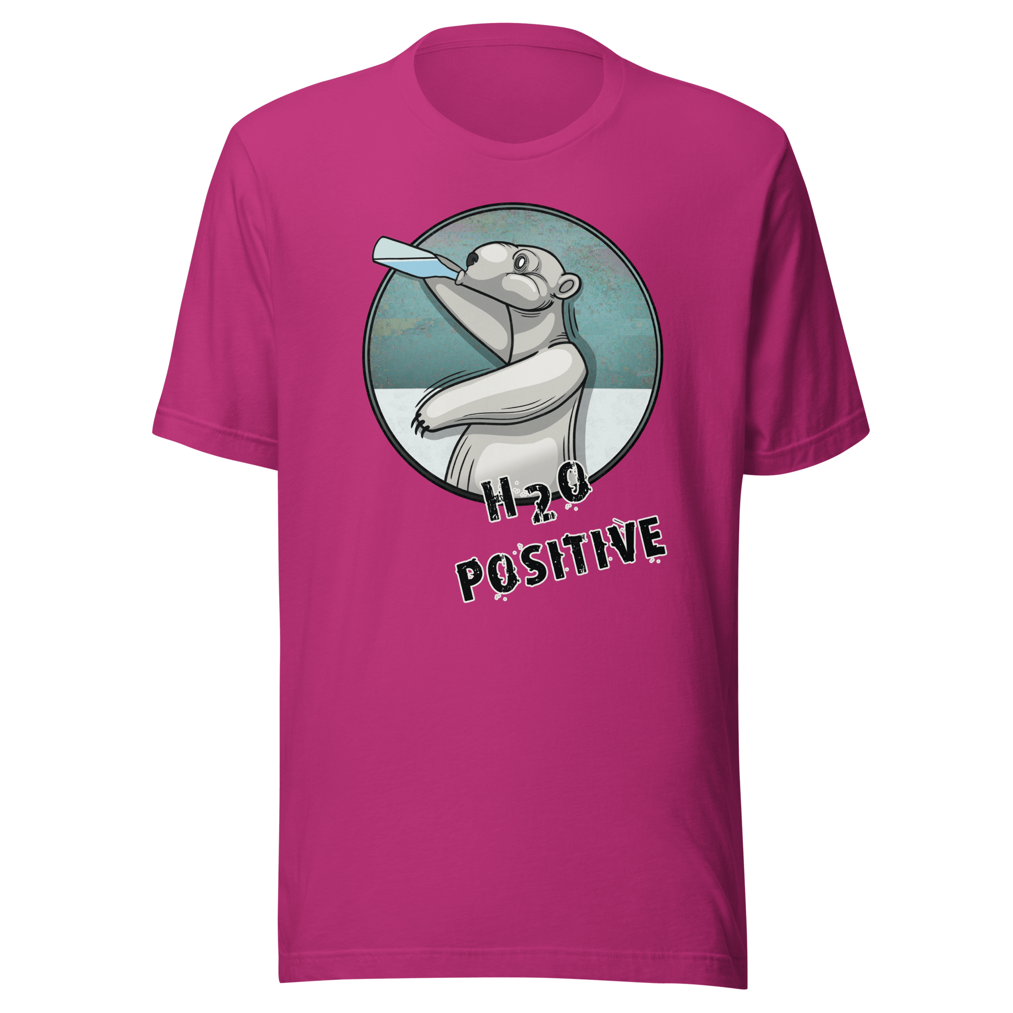 Cartoon polar bear drinking water on pink t-shirt