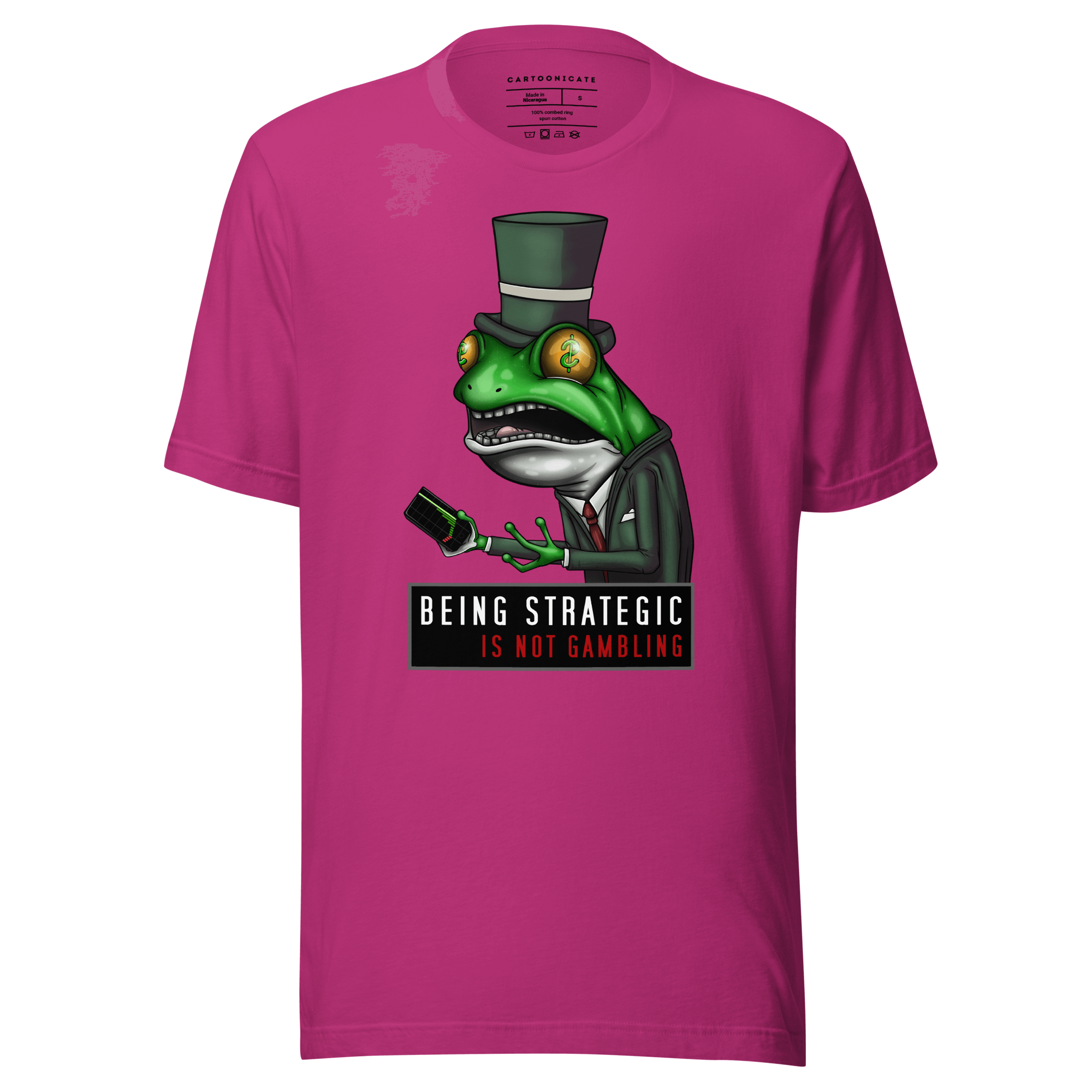 pink t-shirt with a green dapper frog and stock market