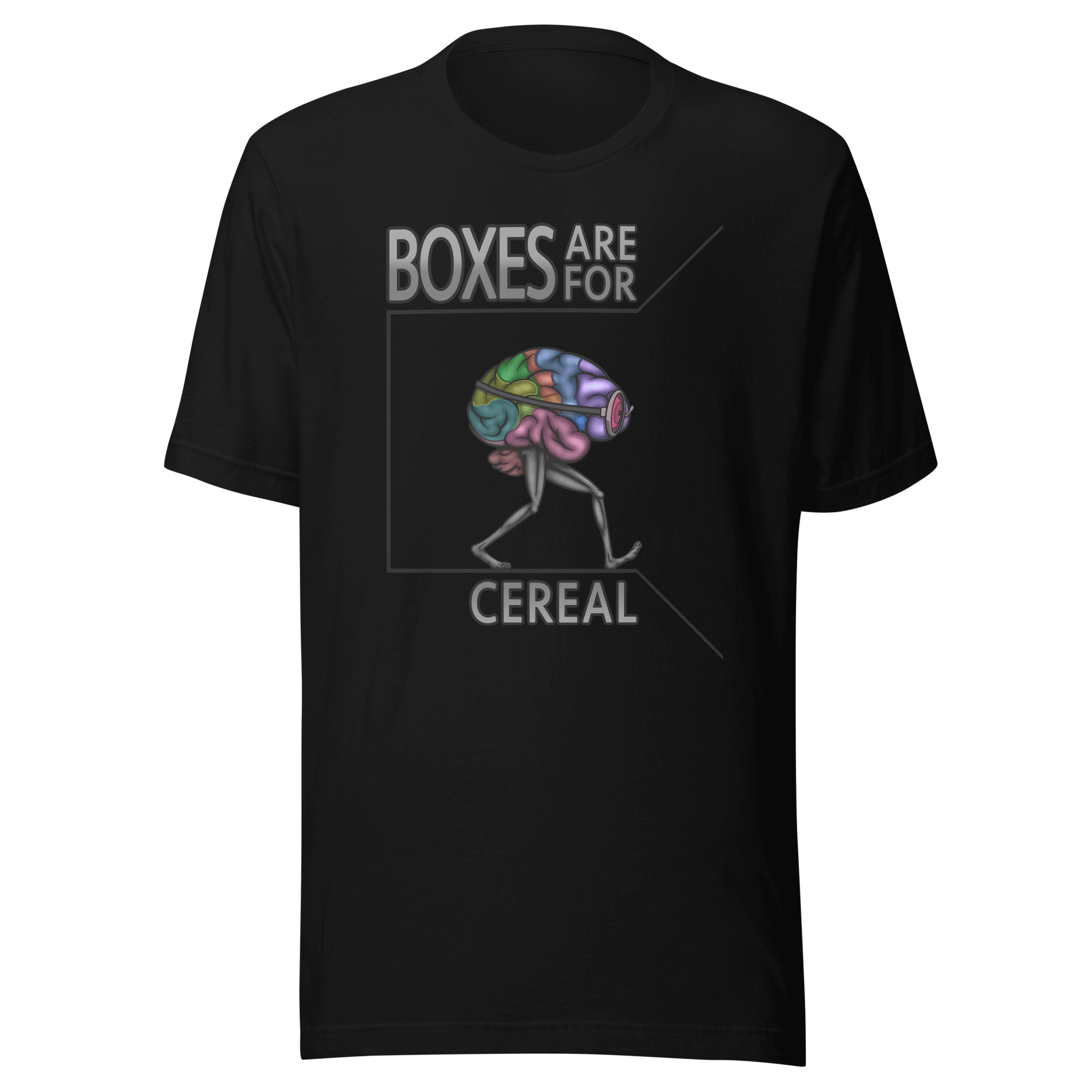 black t-shirt with a cartoon brain walking out of a box