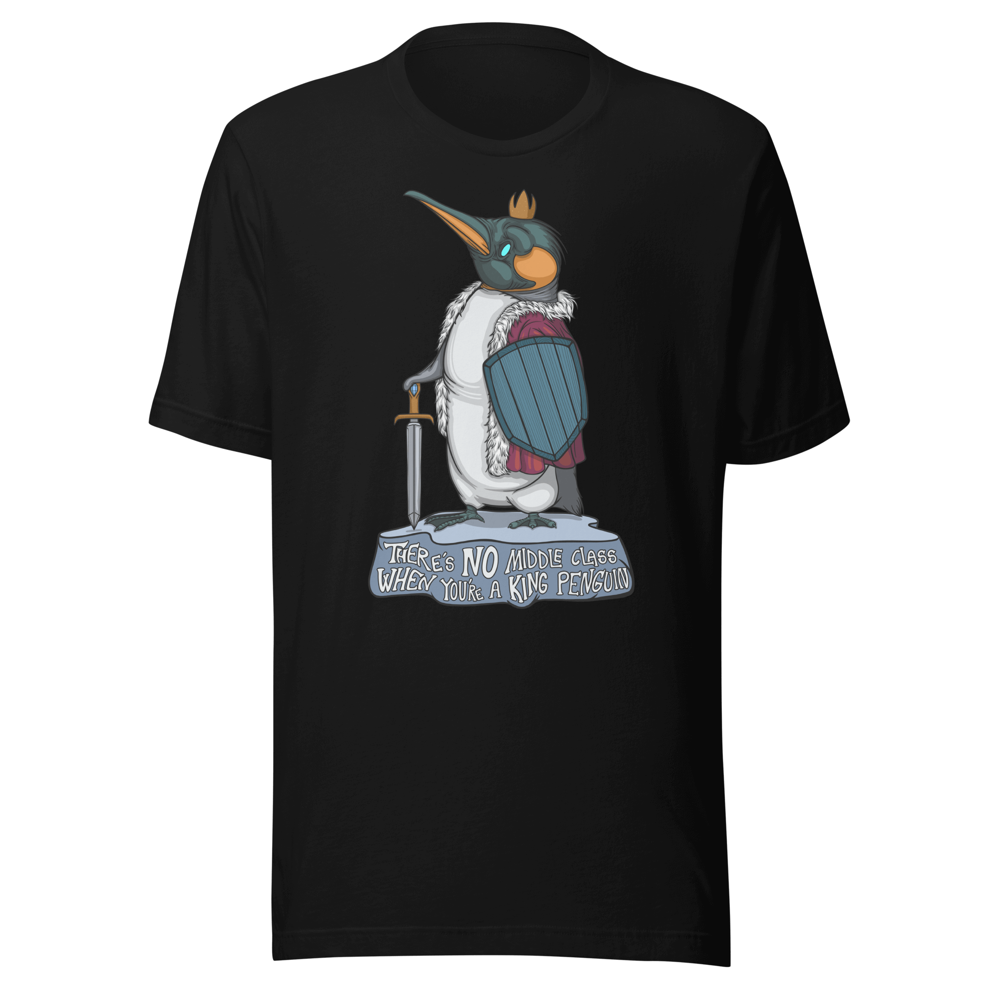 black t-shirt with humor king penguin in cartoon style