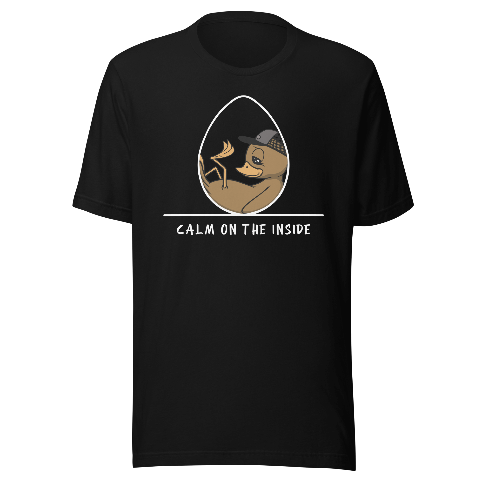 cartoon duck in an egg on black t-shirt