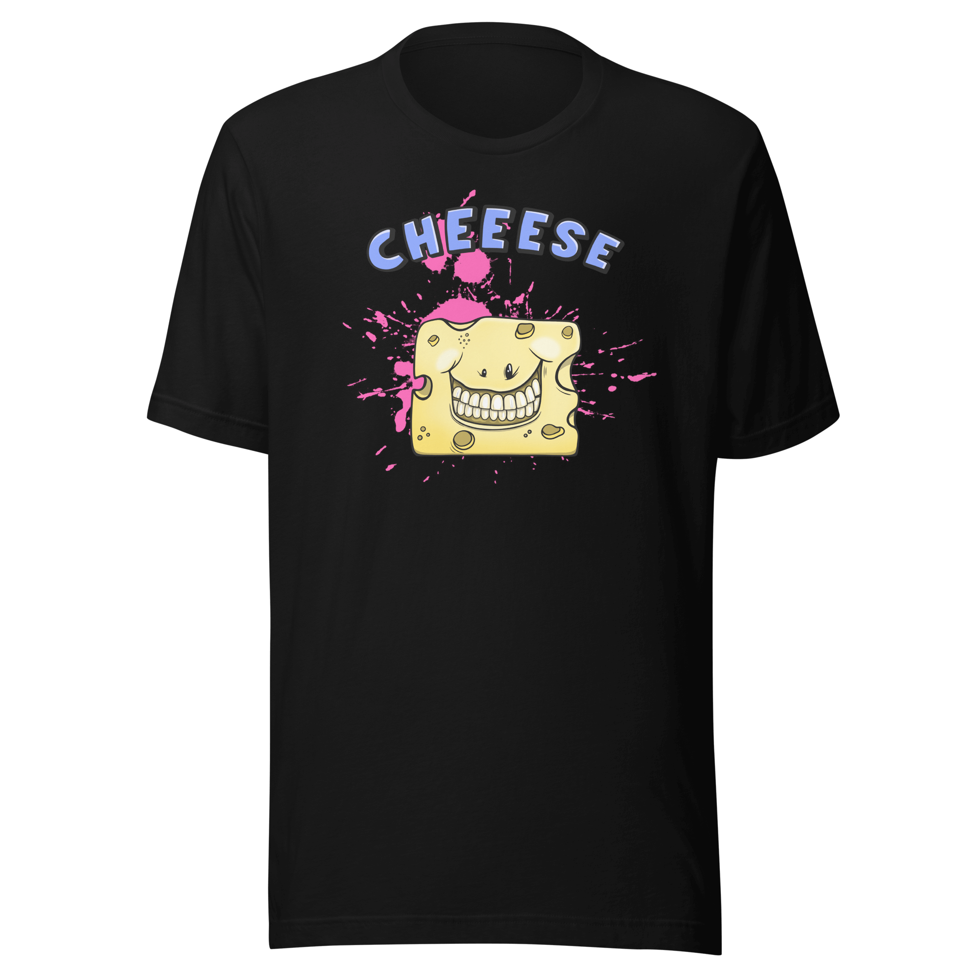 Funny cartoon cheese smiling on black t-shirt