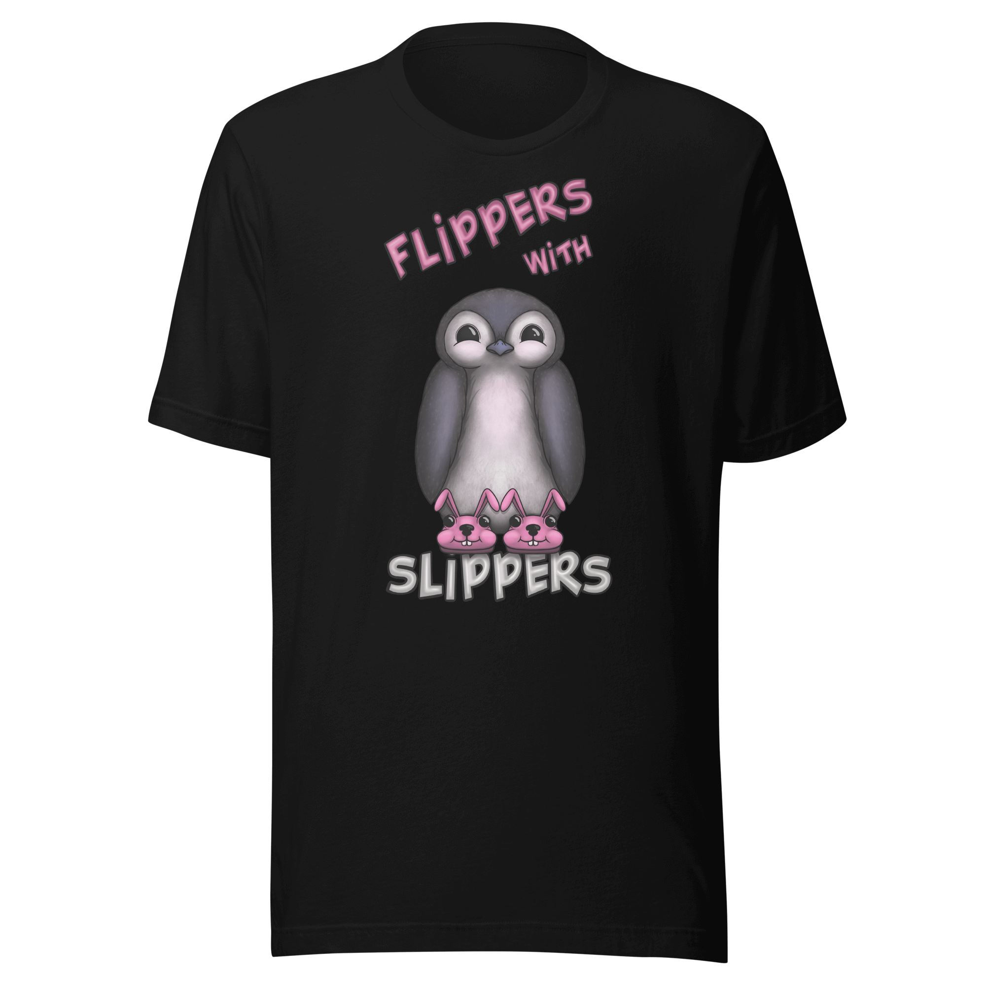 black t-shirt with cartoon penguin with pink flippers