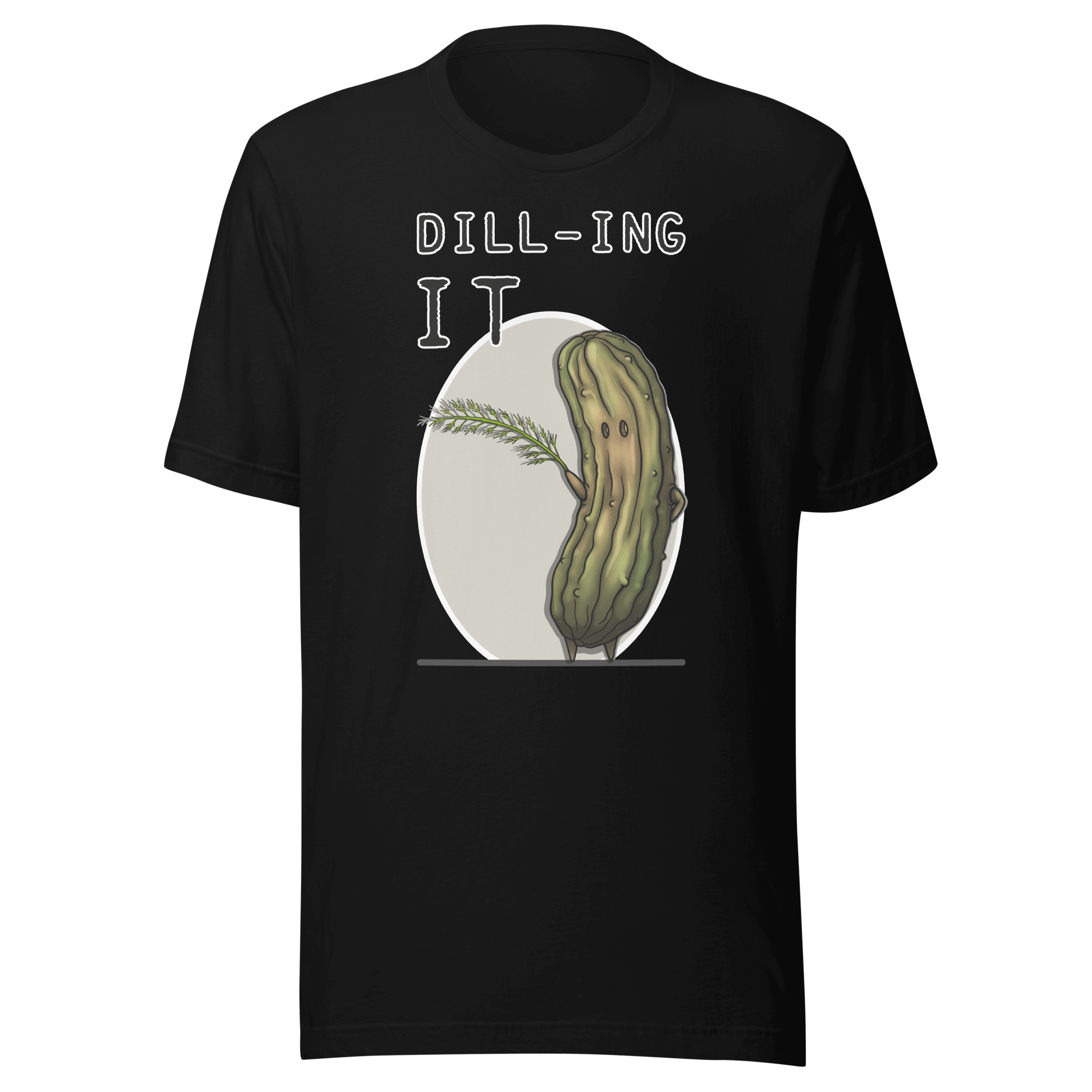 cool cartoon pickle with dill on black tee