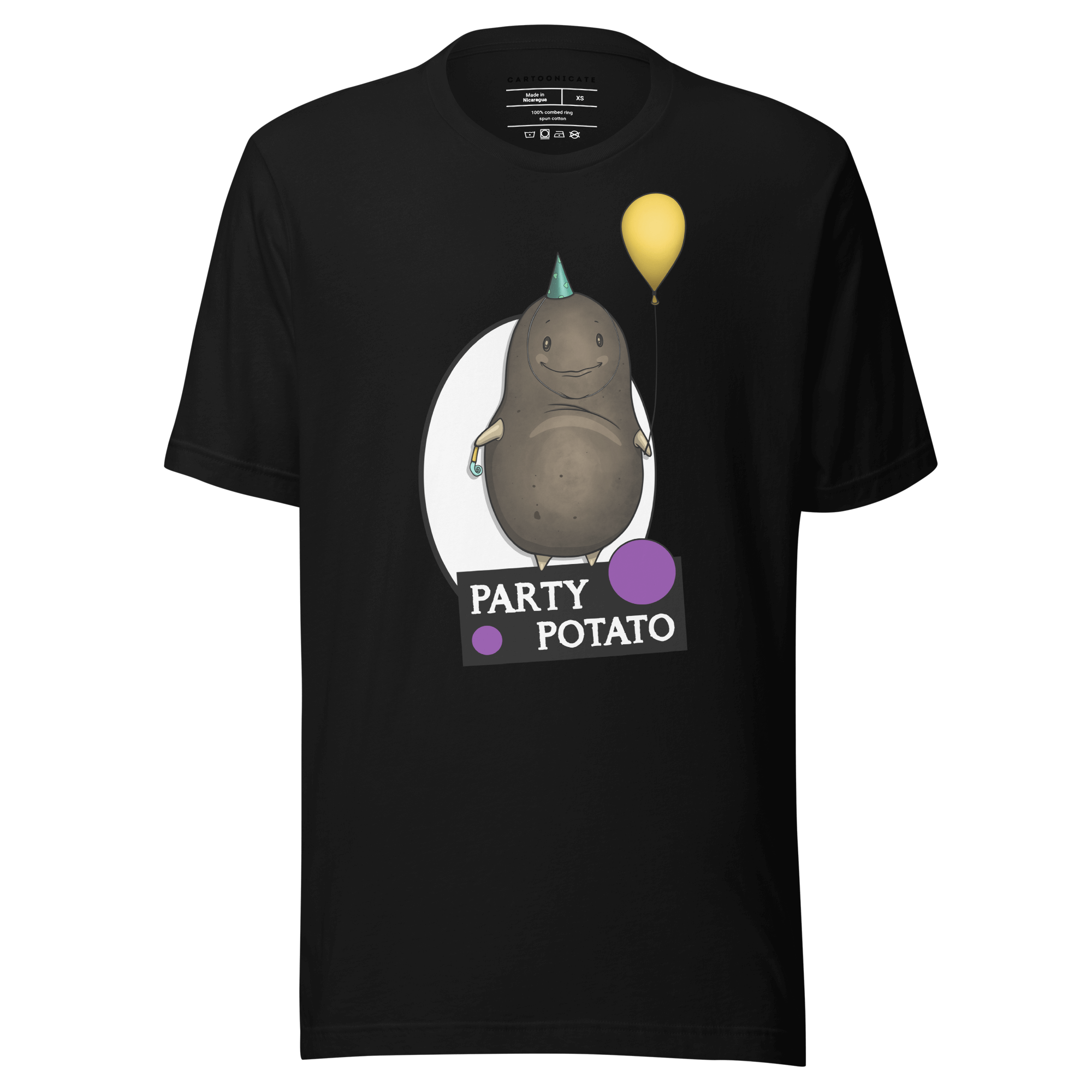 black t-shirt with cute party potato drawing