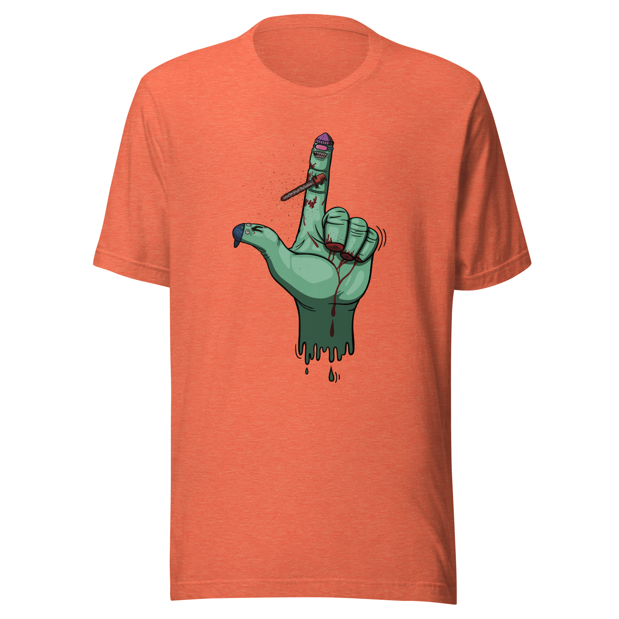 Cartoon hand with bloody fingers orange t-shirt