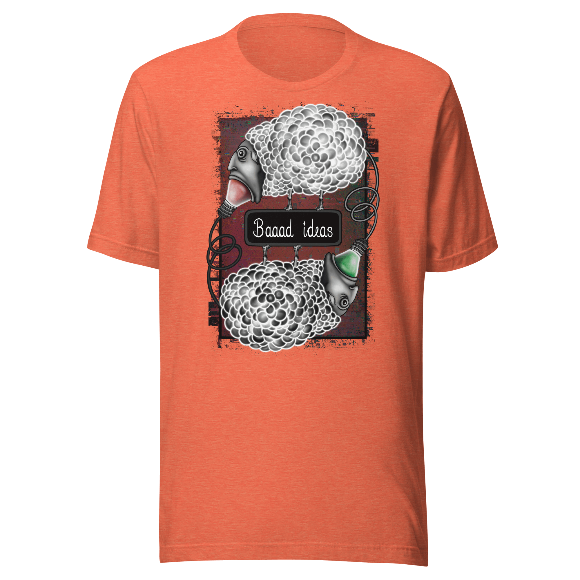 cartoon sheep with bad ideas on orange tee