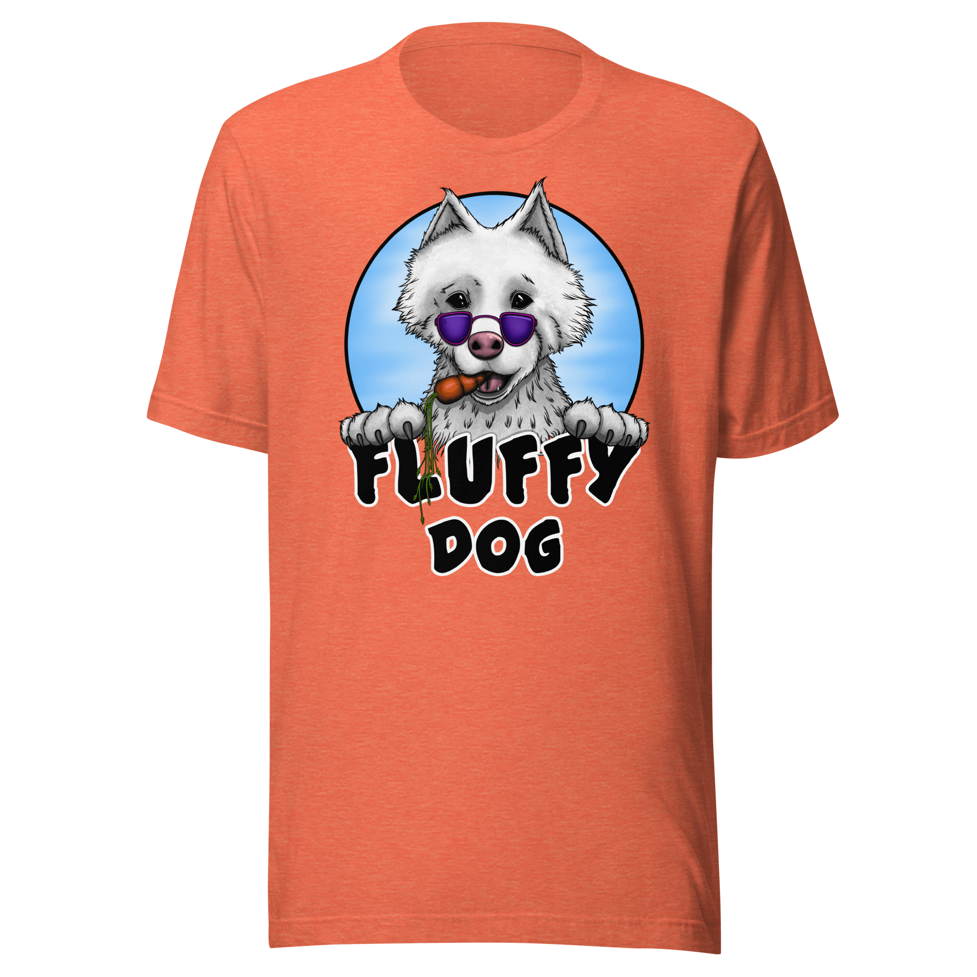 cute samoyed dog with sunglasses on orange tee