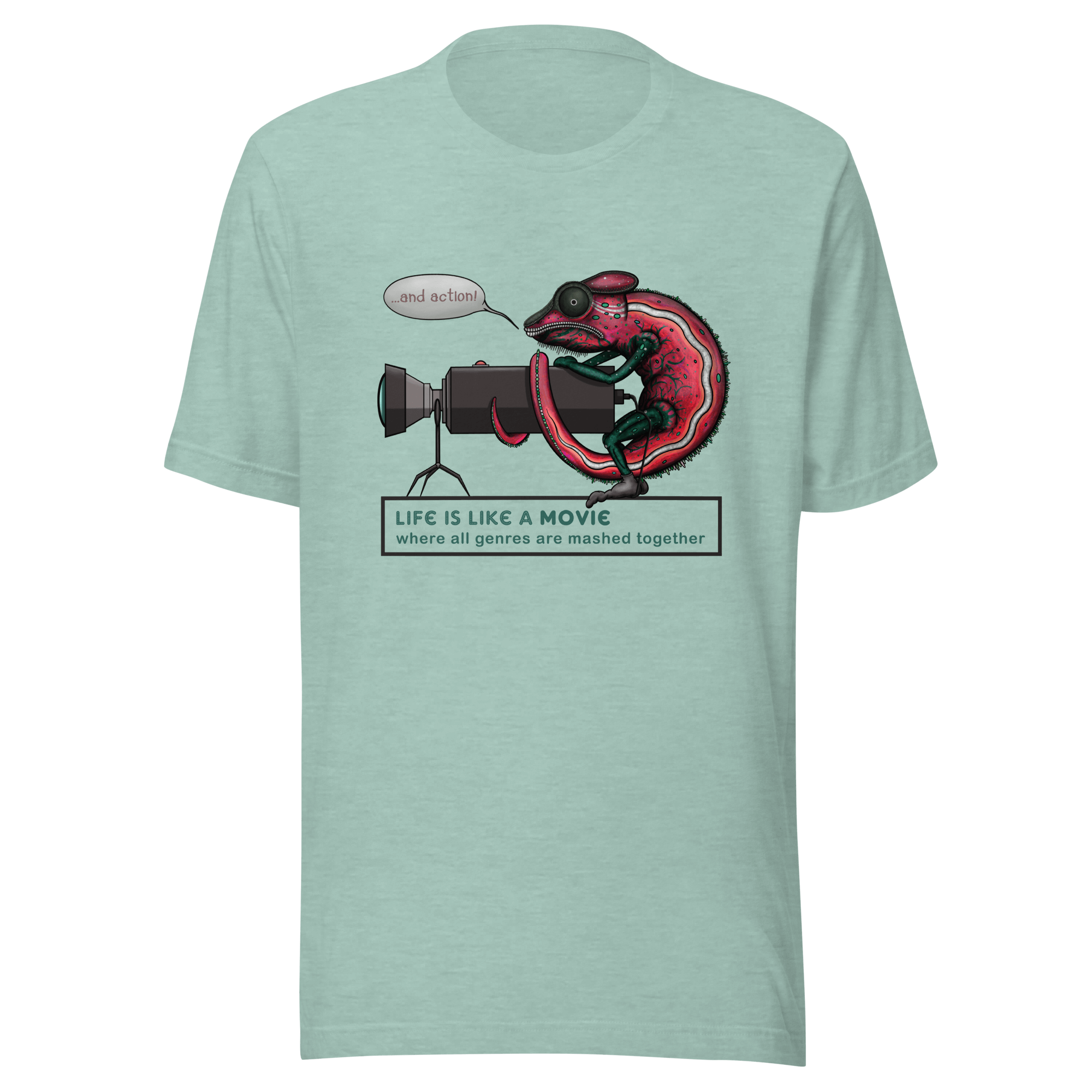 Chameleon with camera turquoise tee