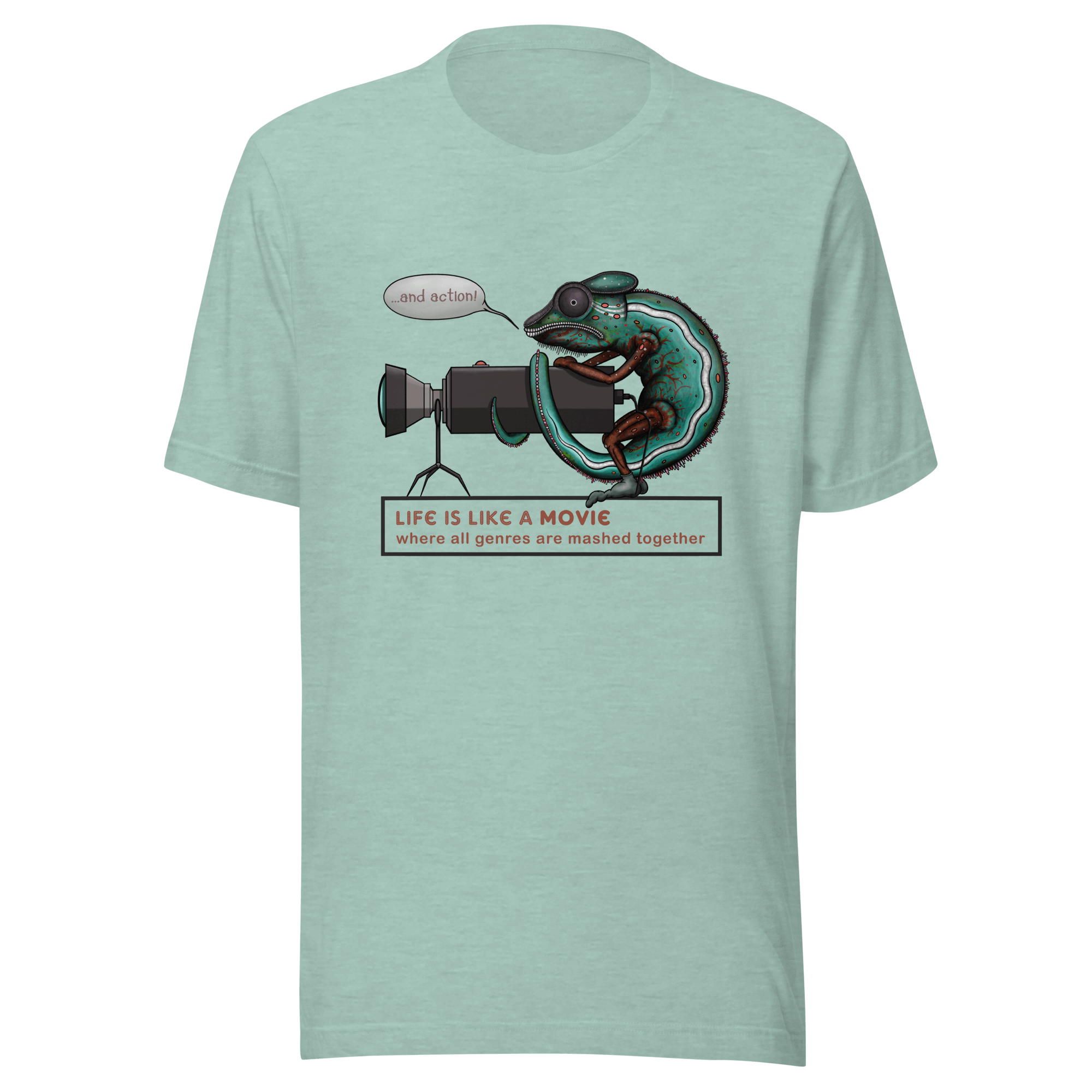 Chameleon with camera turquoise tee