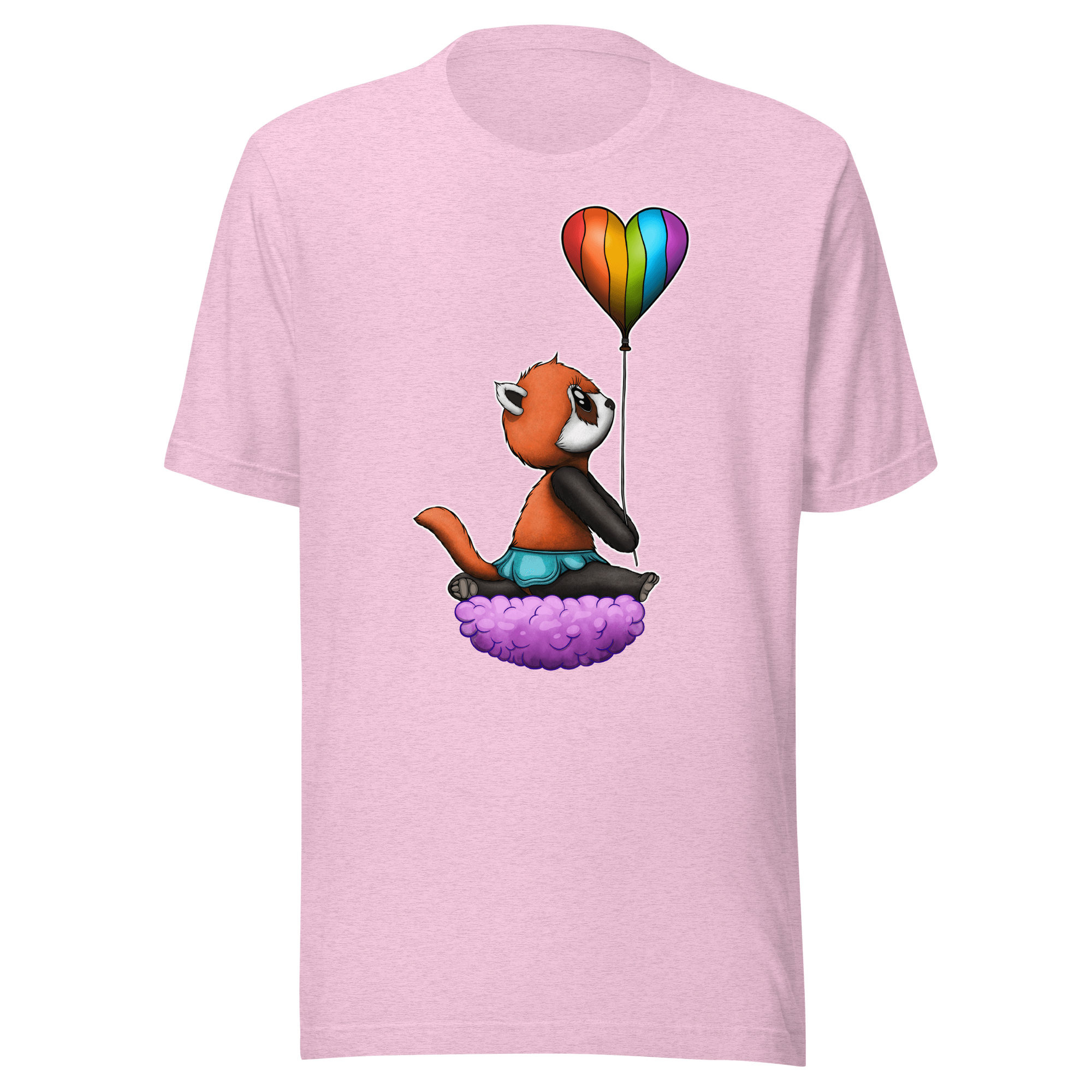 panda bear holding a pride flag balloon on pink t-shirt