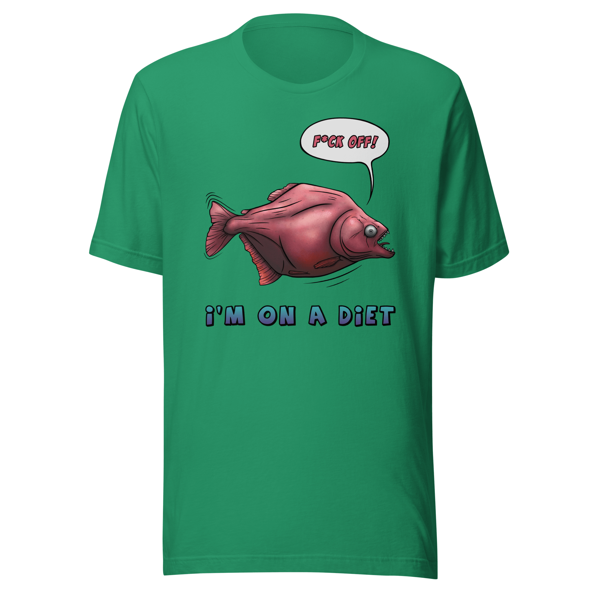 Green t-shirt with a hungry cartoon piranha on a diet