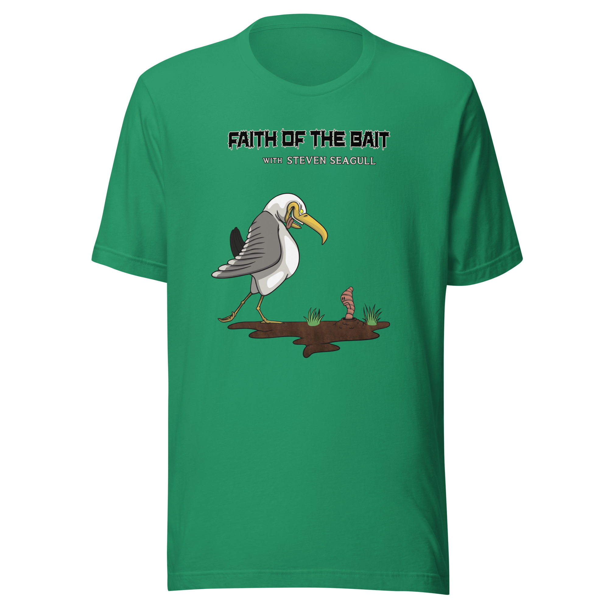 green t-shirt with a funny bird and a maggot