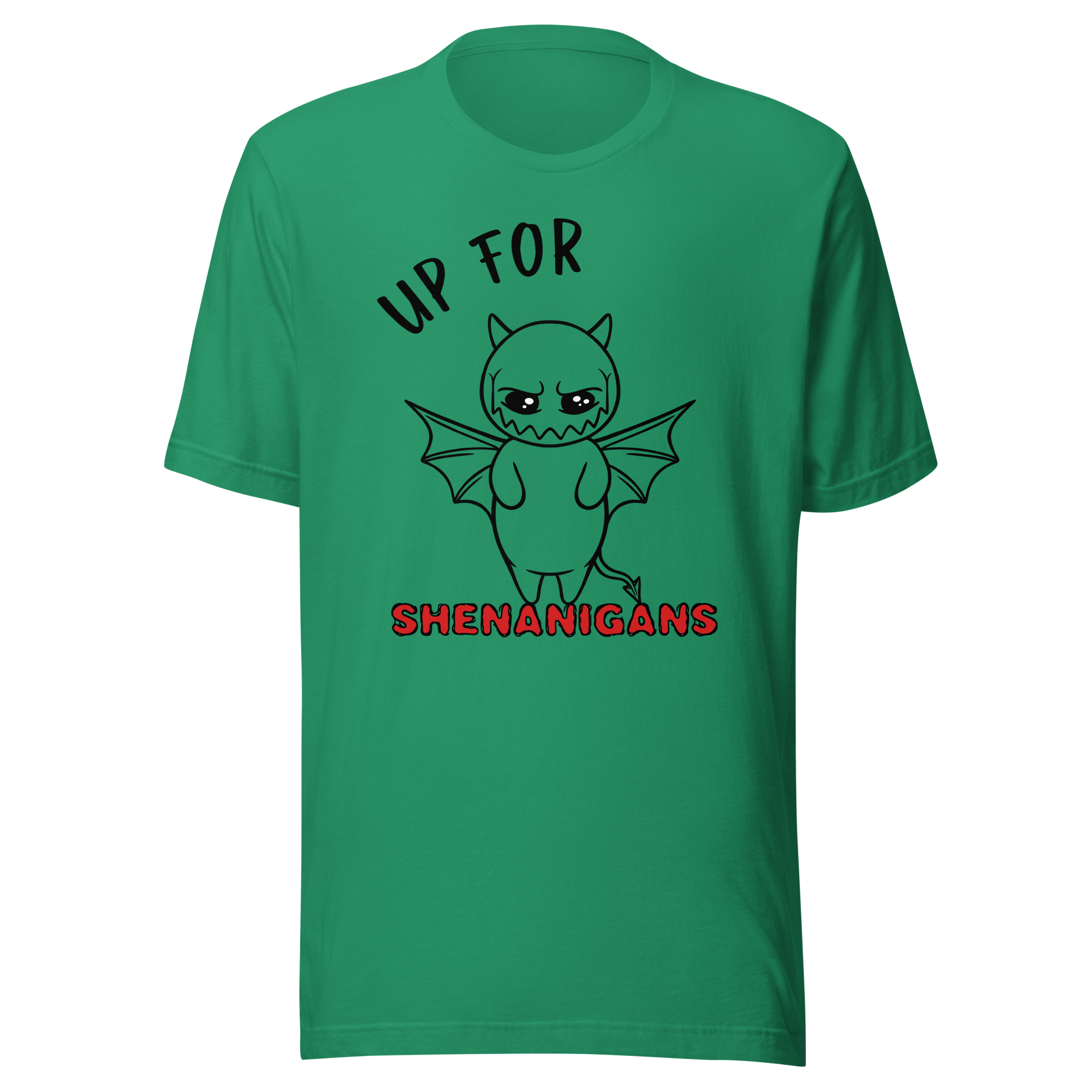 green tee with cool devil drawing in cartoon style 