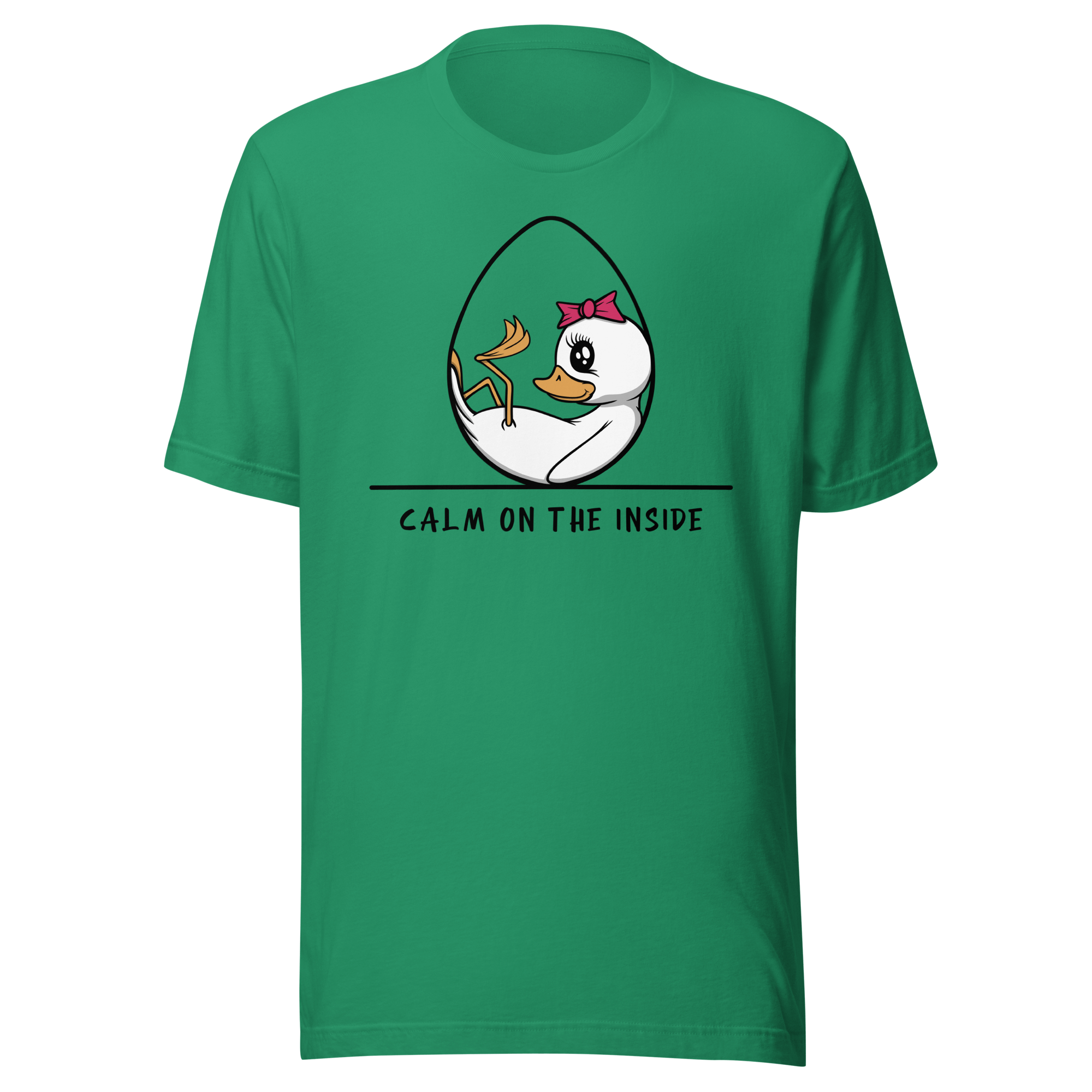 green t-shirt with baby girl duckling in cartoon style