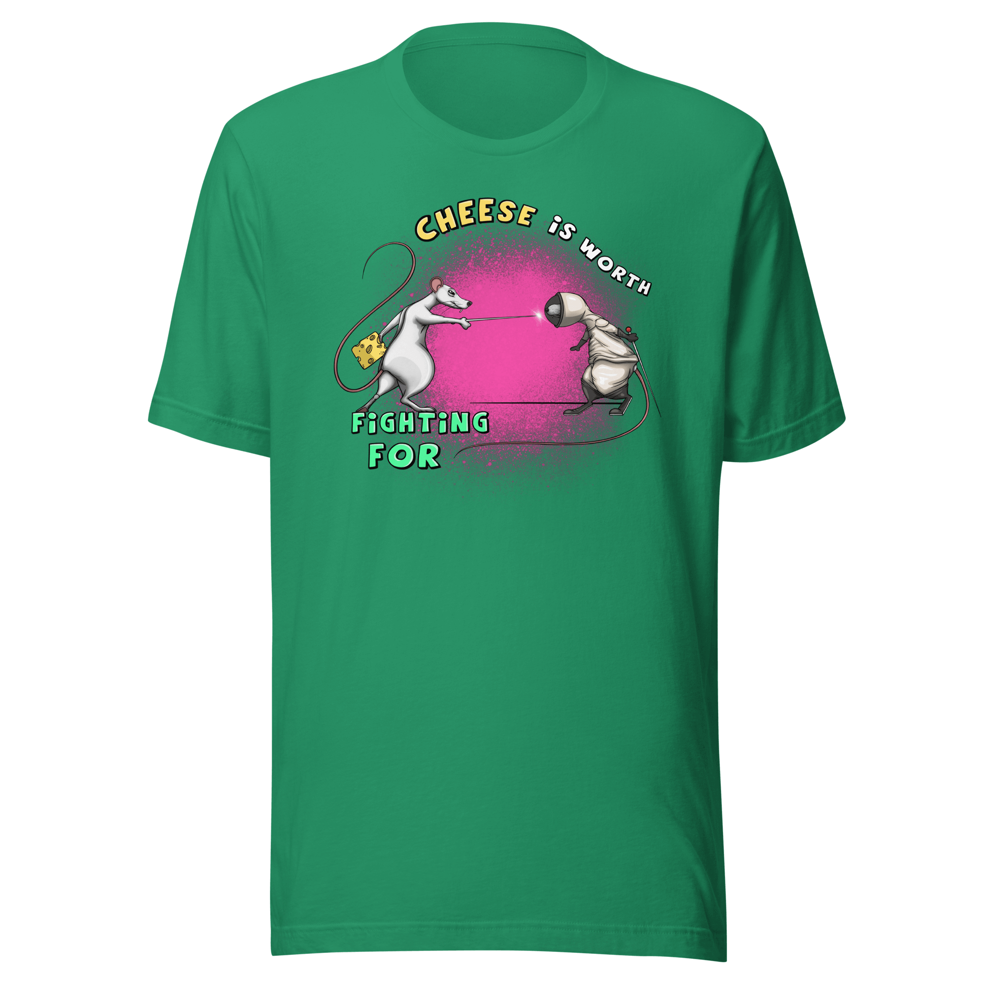 green tee with two rats fighting over cheese with fencing swords 