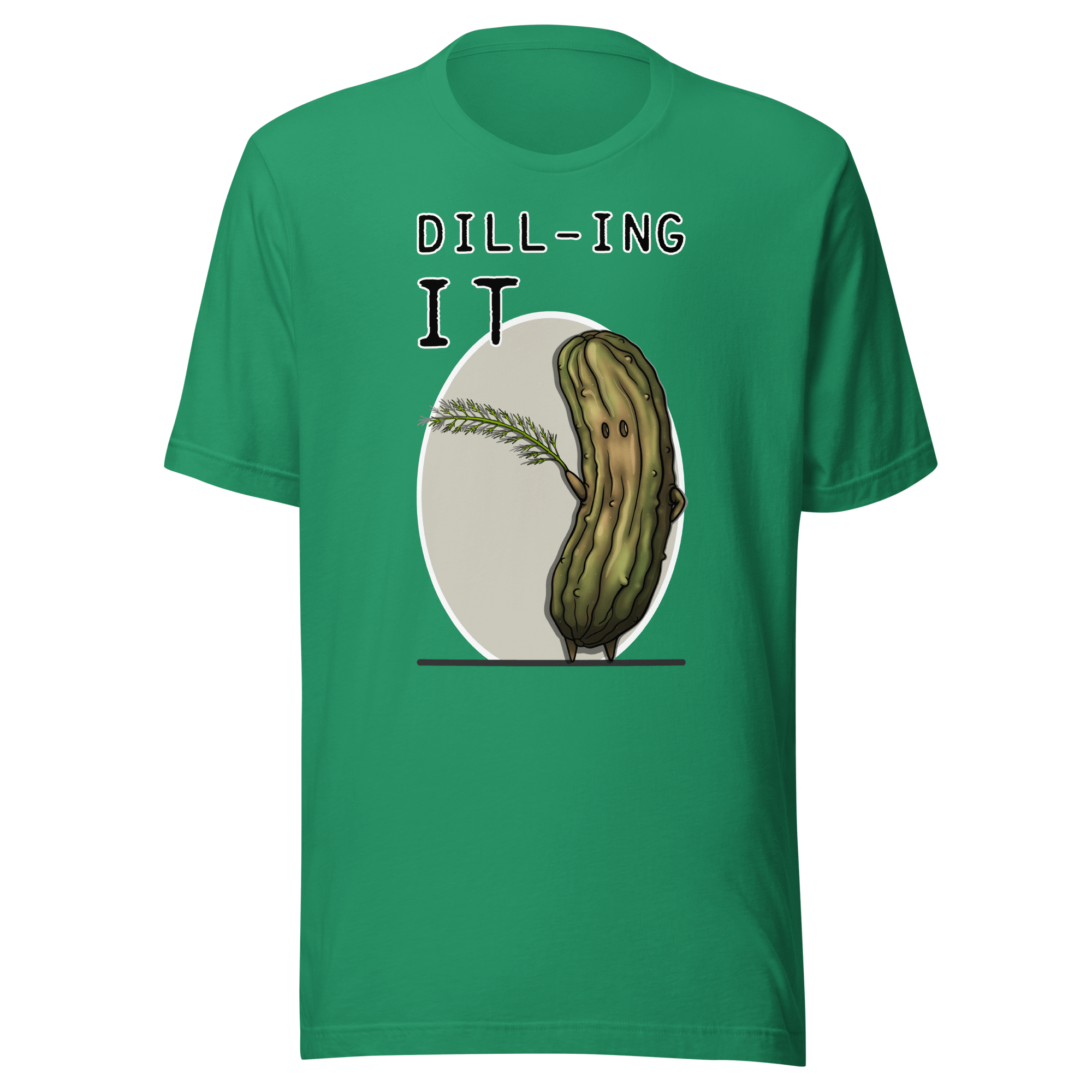 dill and pickle cartoon drawing on green t-shirt