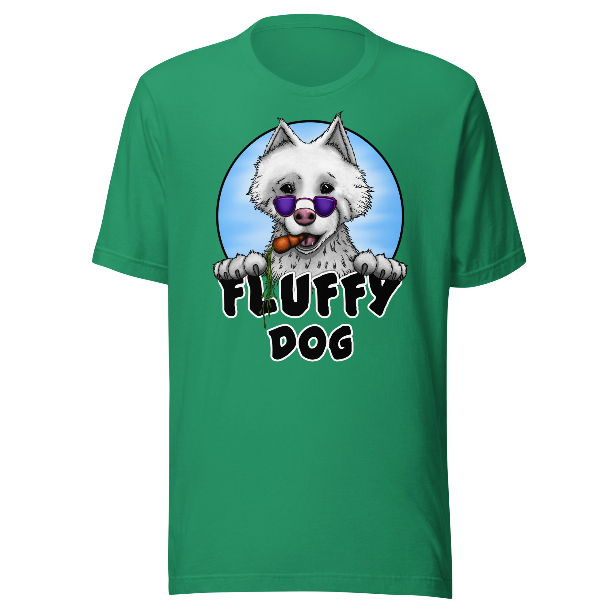 green t-shirt with purple sunglasses on a white fluffy dog 