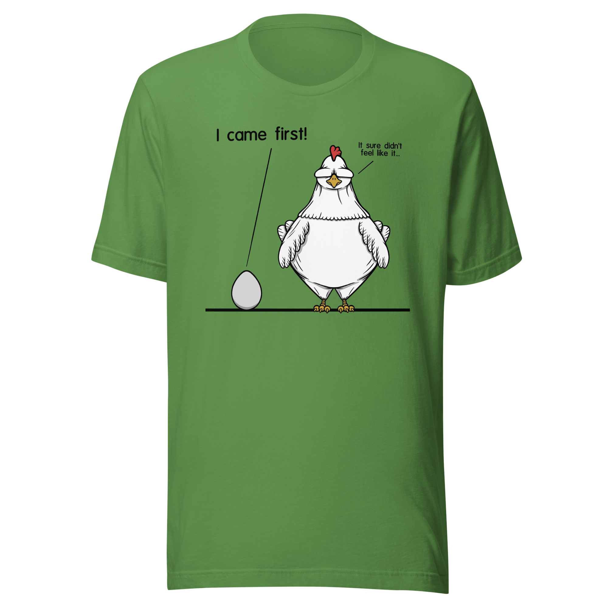 who came first? chicken or egg on green t-shirt