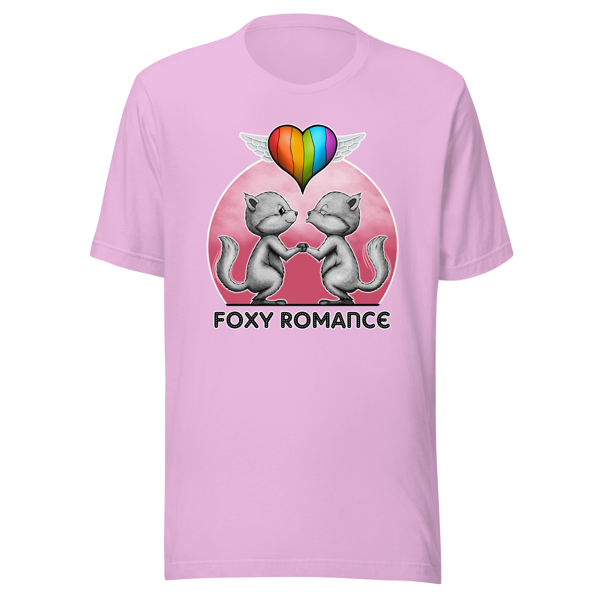 pink tee with heart shaped pride flag and snow foxes