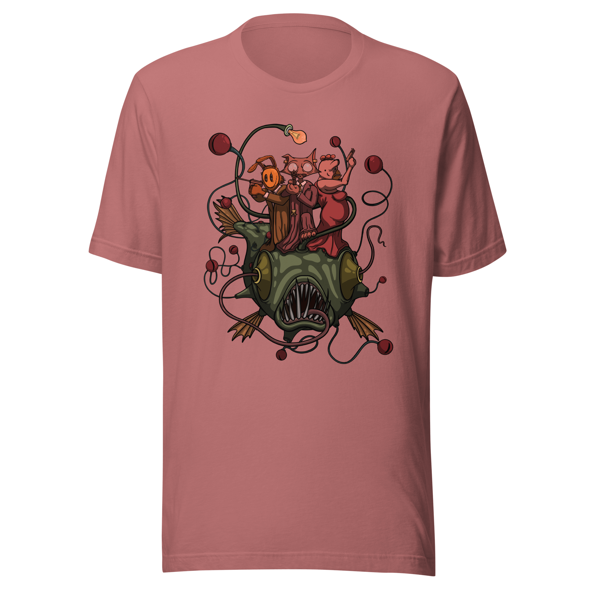 Cool cartoon drawing of green fish on pink t-shirt