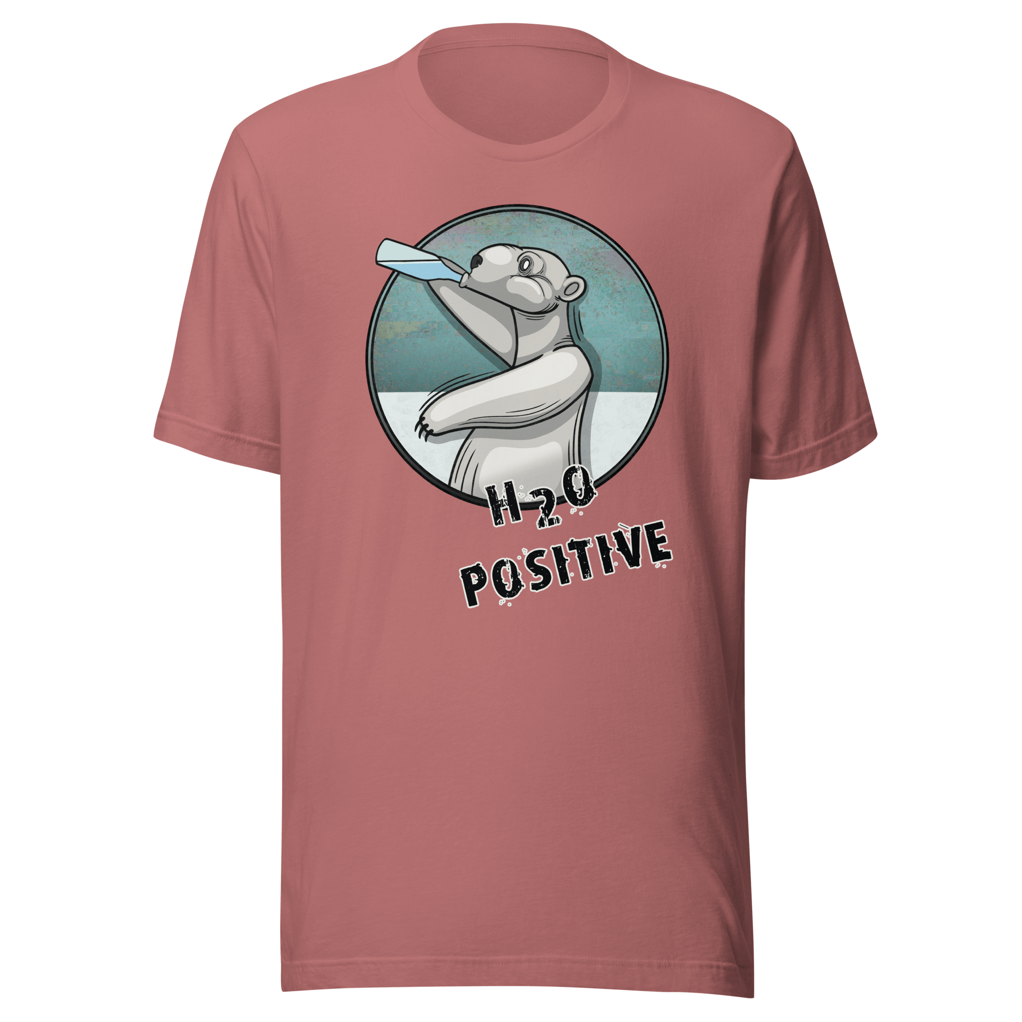 H20 positive polar bear cartoon on pink t-shirt