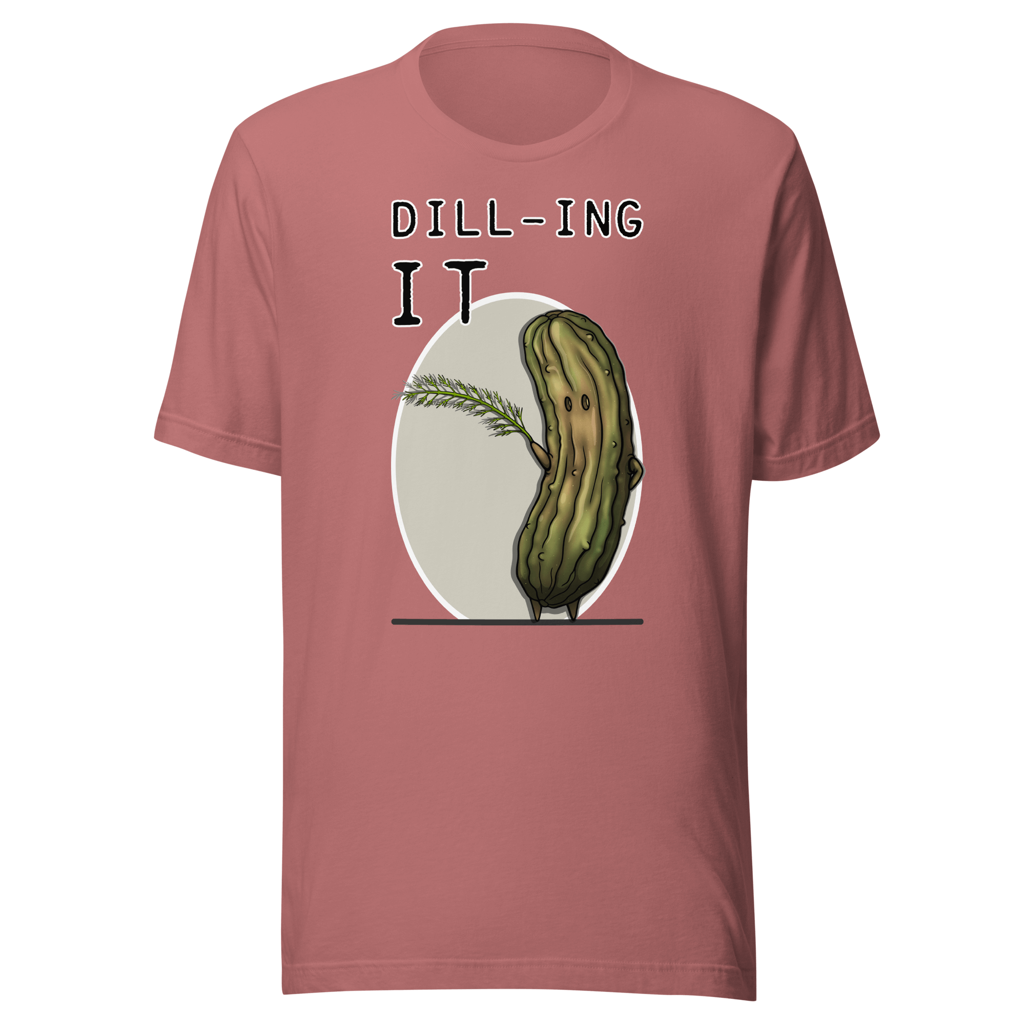 pink tee with funny pickle dilling it drawing