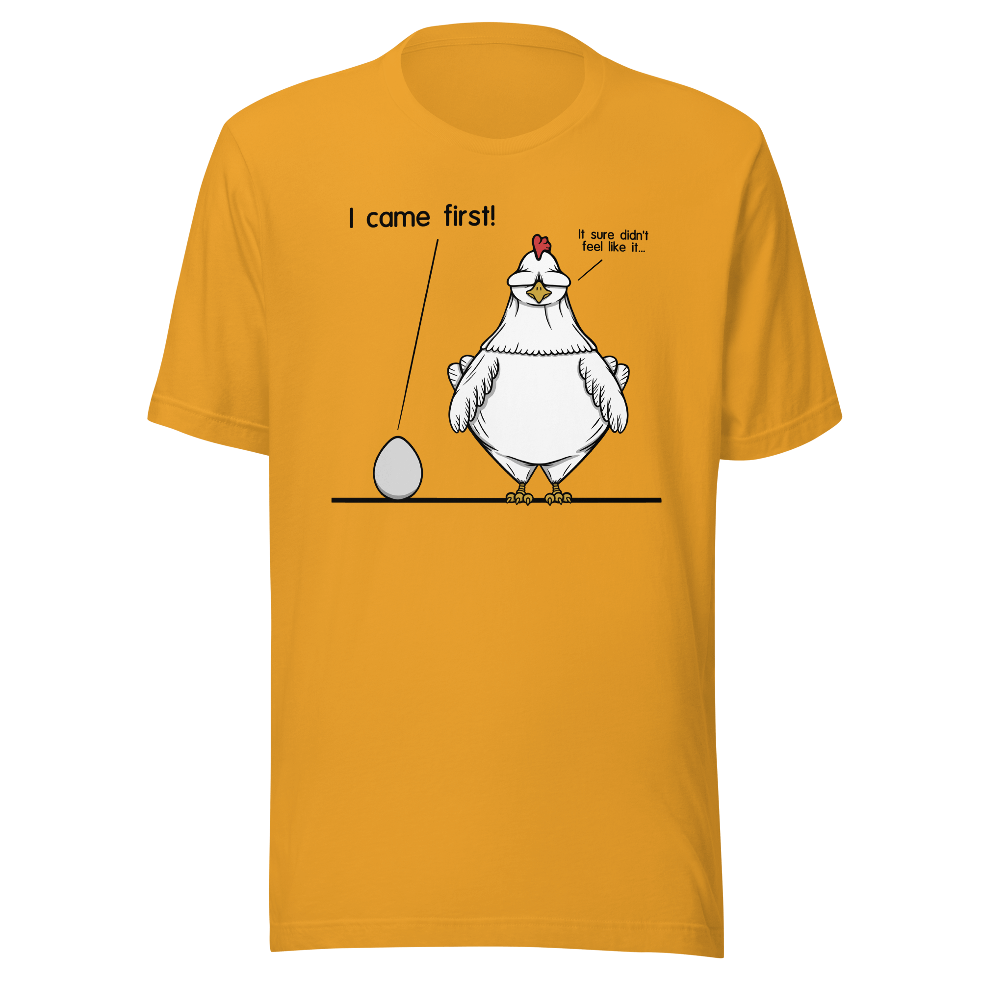 mustard t-shirt with humor design of chicken and egg