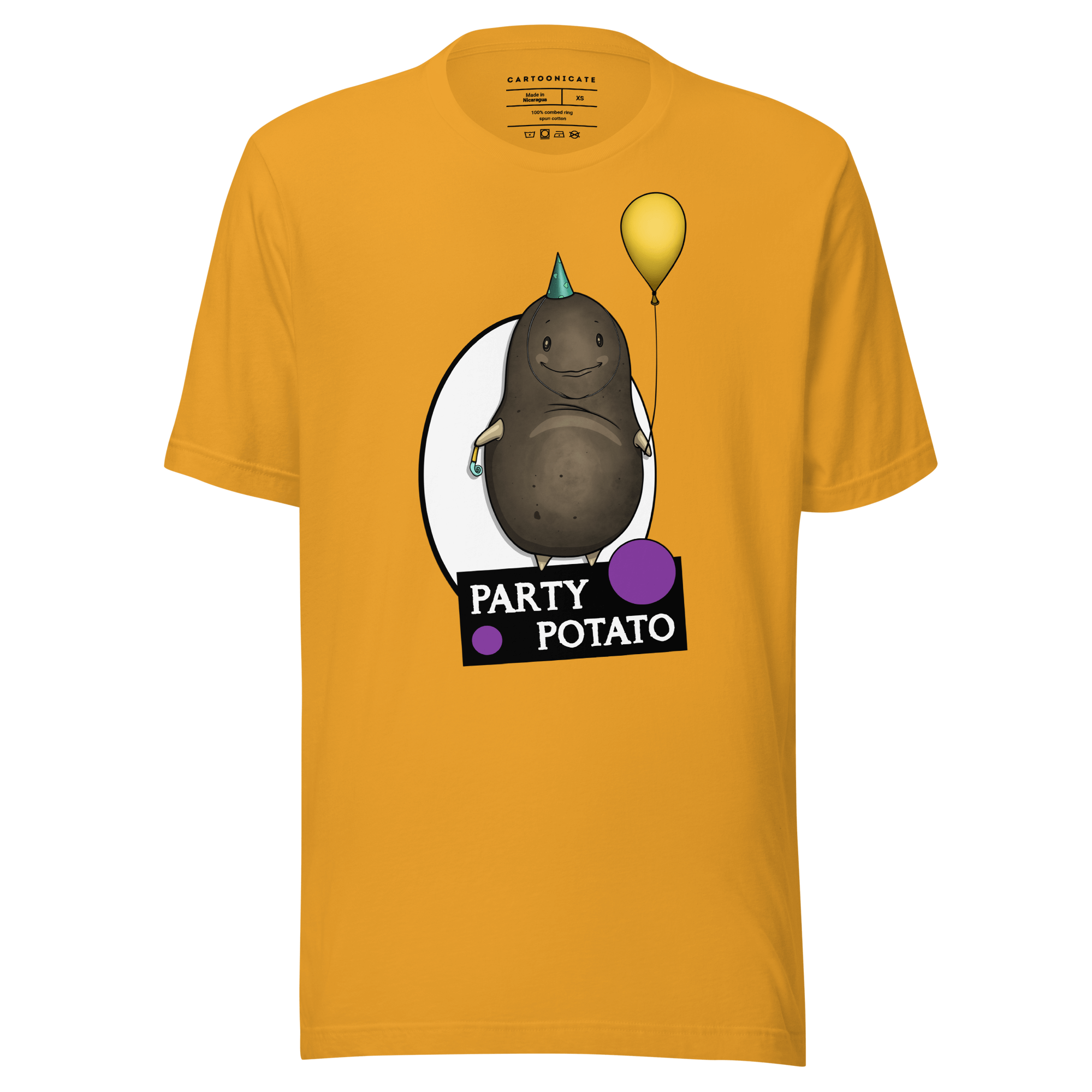 mustard t-shirt with a cartoon potato and balloons