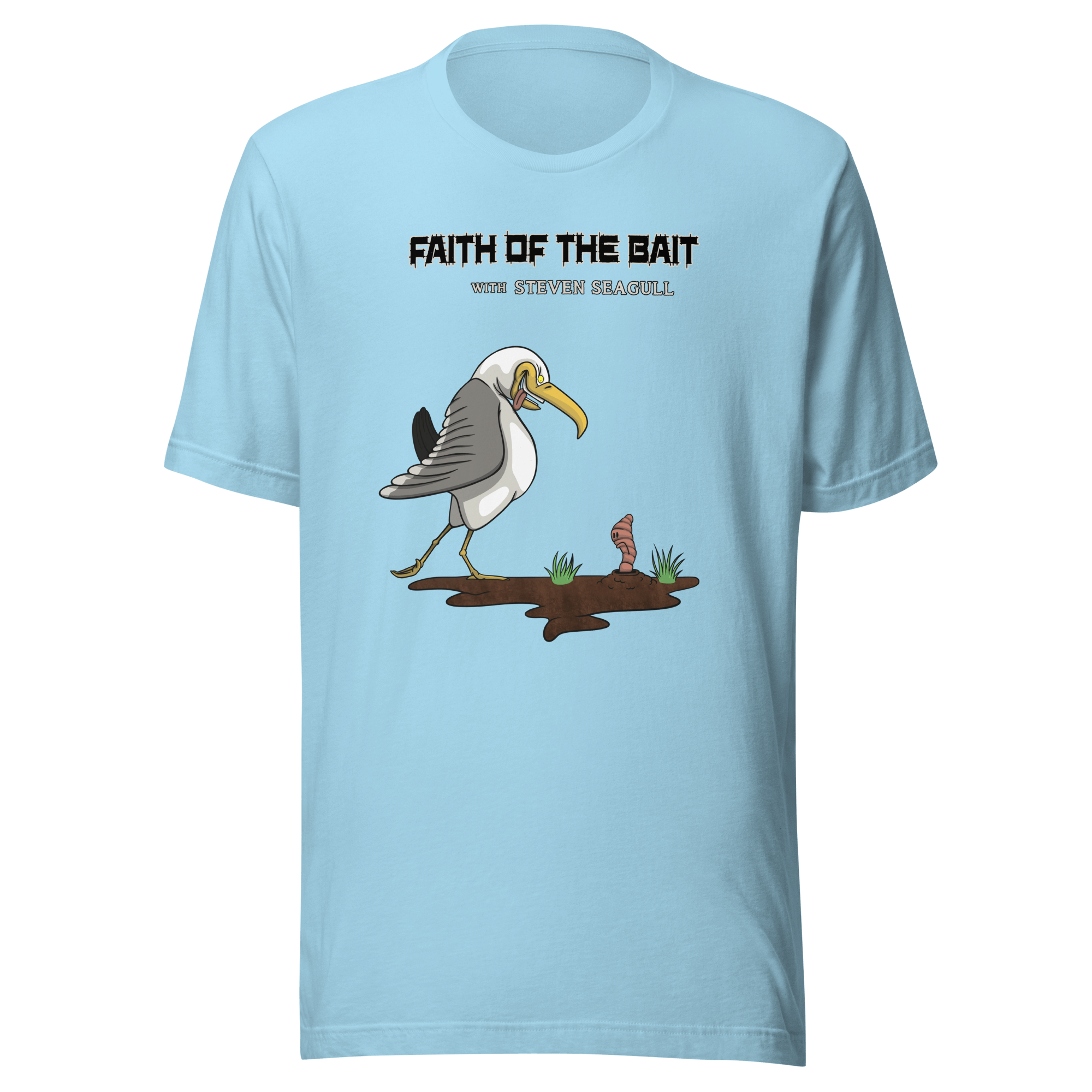 cartoon seagull and a maggot on light blue tee