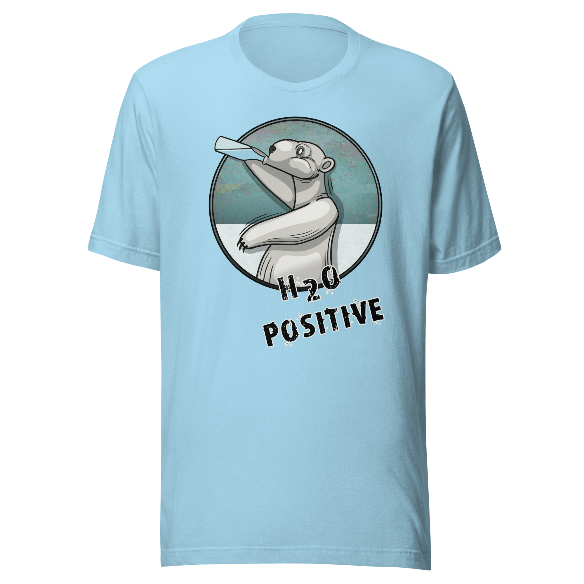 Cute polar bear drinking aqua on light blue tee